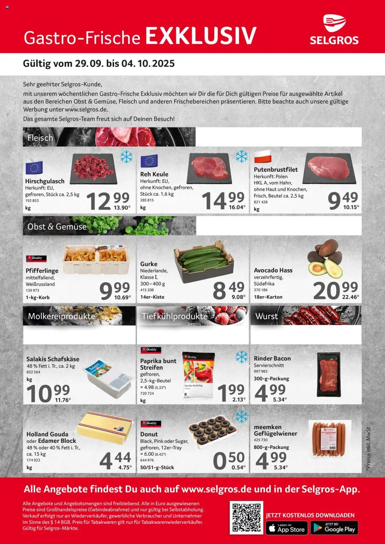 Selgros Gastro Angebote (vom 29.09.2025 - 04.10.2025) - Avocado, Gemüse, Pfifferlinge, Fleisch, Paprika, Salakis, Schafskase, Meemken