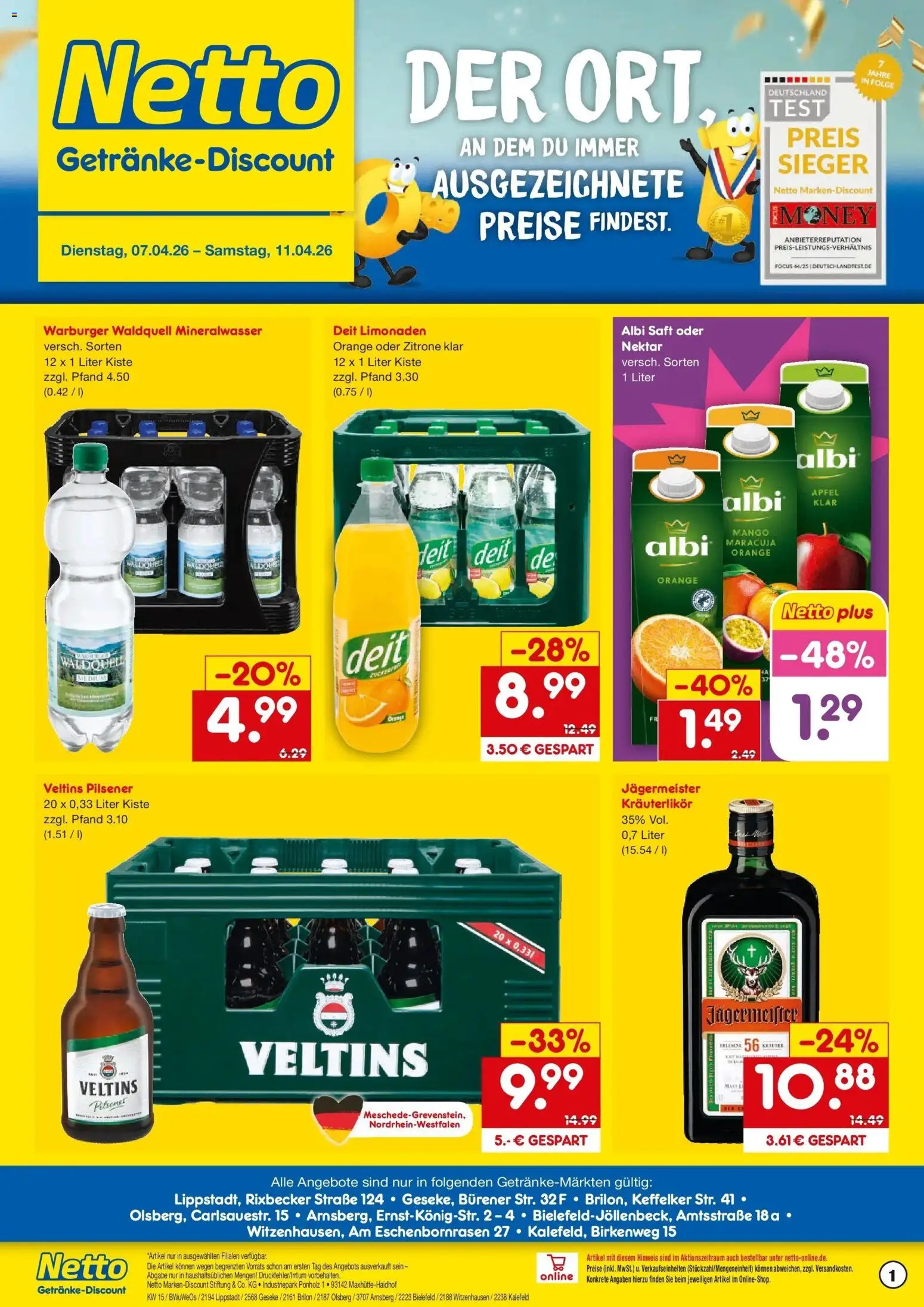 Vorschau von dem Prospekt des Geschäftes Netto Marken-Discount, gültig ab dem 07.04.2026 - Mango, Äpfel, Jägermeister, Mineralwasser, Zitrone, Veltins, Saft
