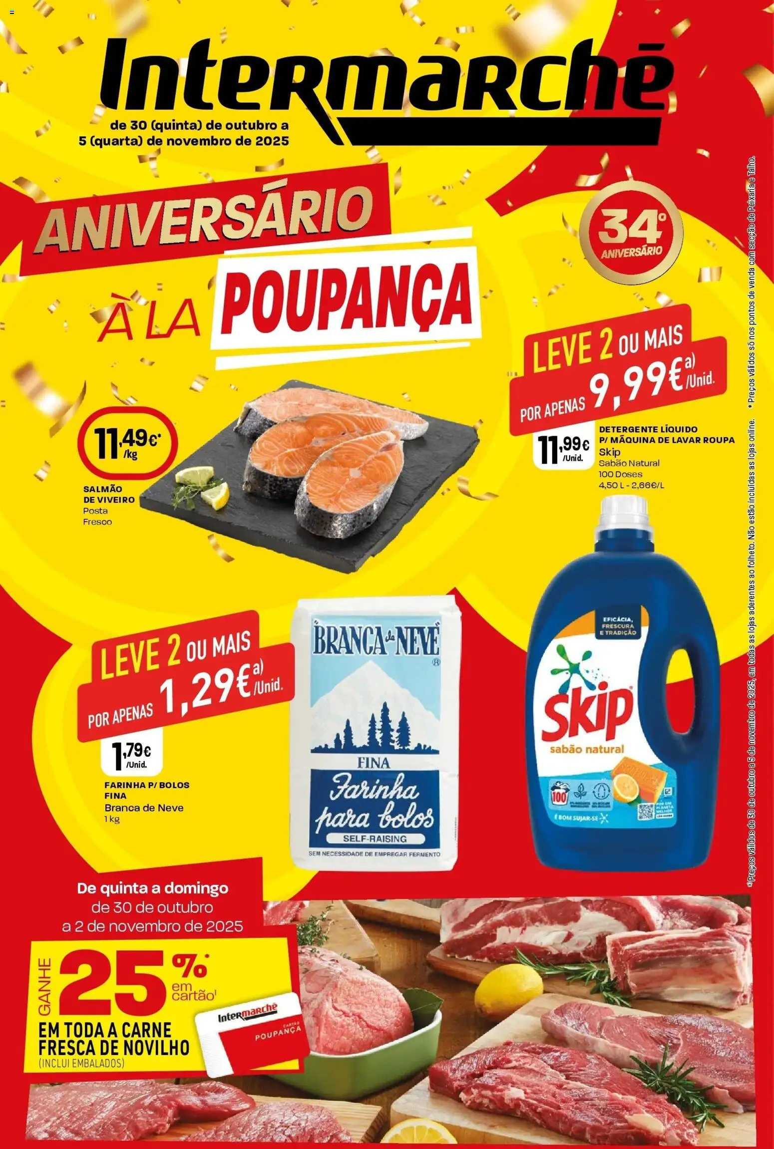 Pré-visualização do folheto da loja Intermarché válida a partir de 30/10/2025 - Máquina de lavar roupa, Farinha, Carne, Máquina de lavar, Detergente, Salmão, Sabão