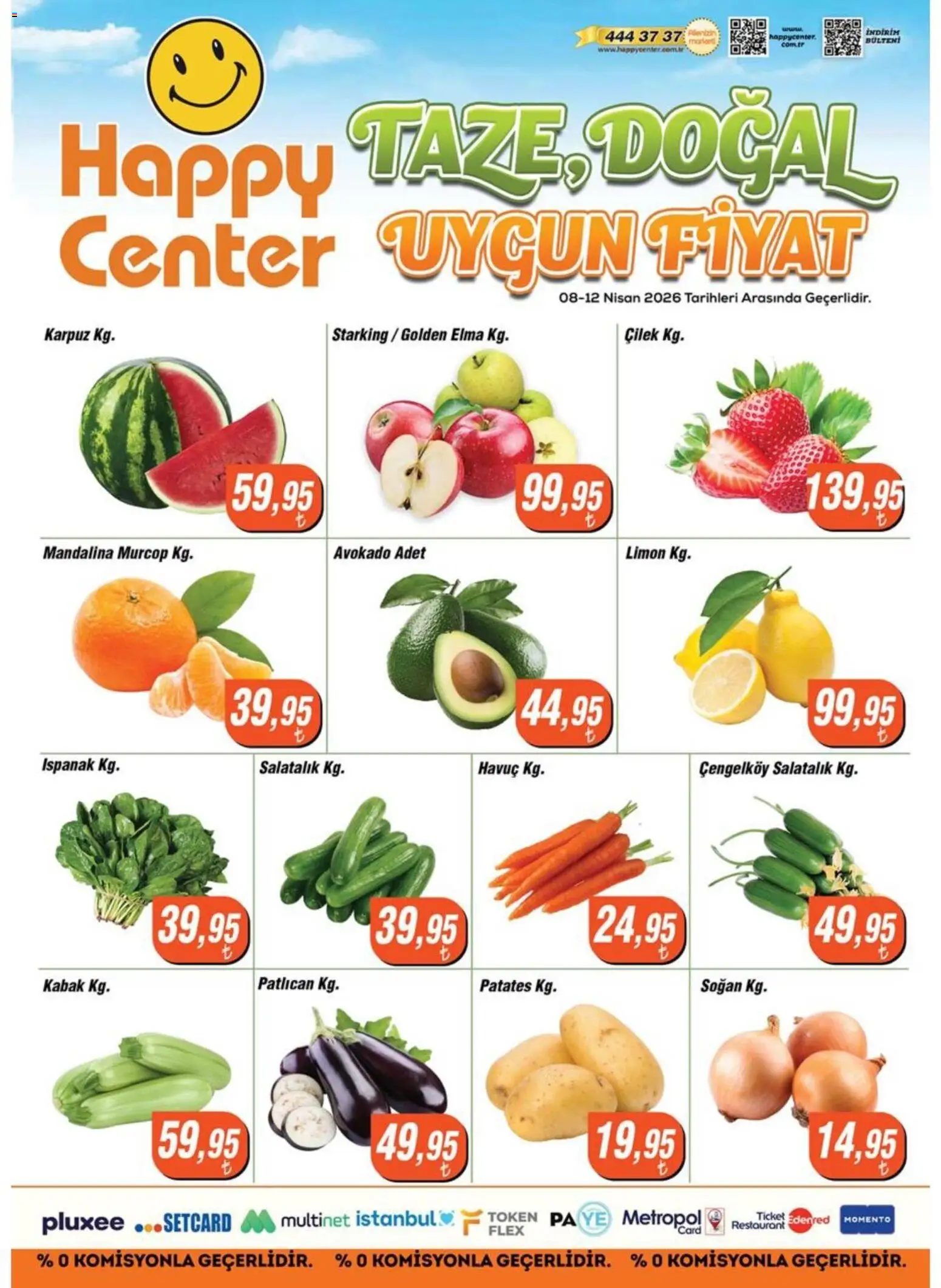 Happy Center Happy Center - Manav 08.04.2026 - Broşürünün önizlemesi - Çilek, Limon, Kabak, Ispanak, Patlıcan, Soğan, Mandalina, Salatalık