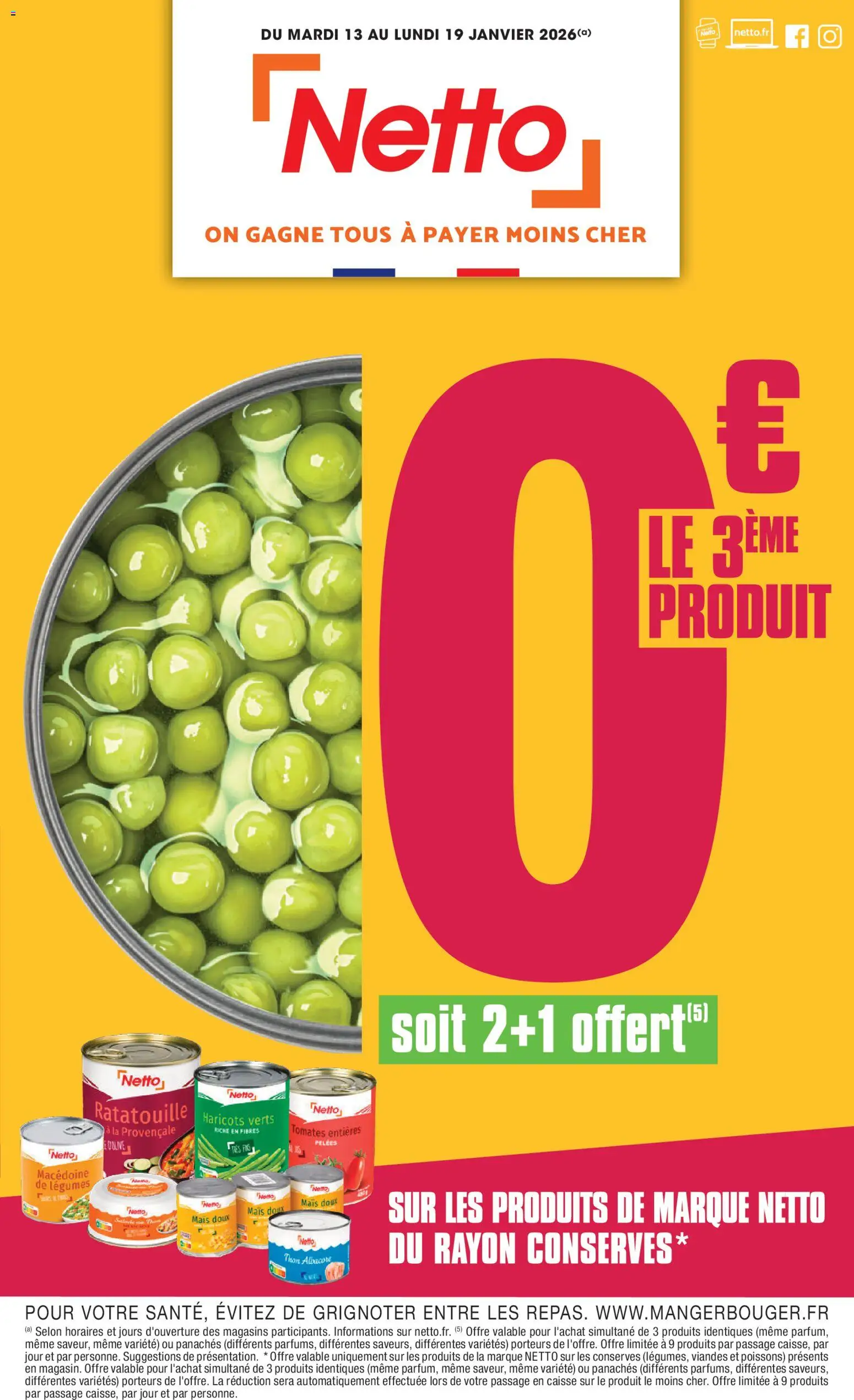 Prévisualisation de Catalogue du magasin Netto formulaire valide 13/01/2026 - Ratatouille, Poissons, Mais, Thon, Tomates, Haricots, Conserves, Haricots verts