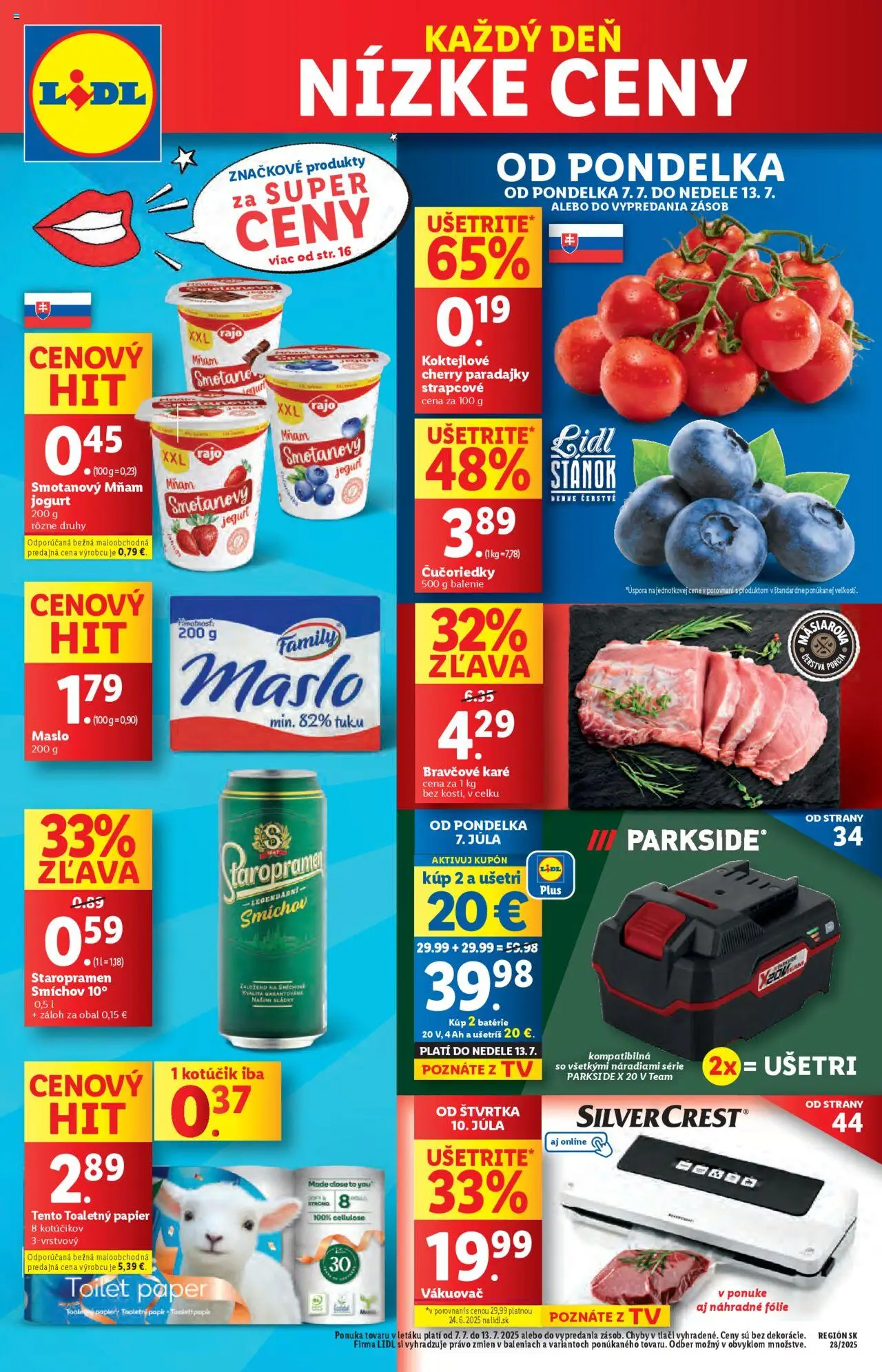 Náhľad Lidl letáku platného od 07.07.2025 - Maslo, Parkside, Bravčové karé, Čučoriedky, Toaletný papier, Jogurt, Staropramen, Cherry paradajky