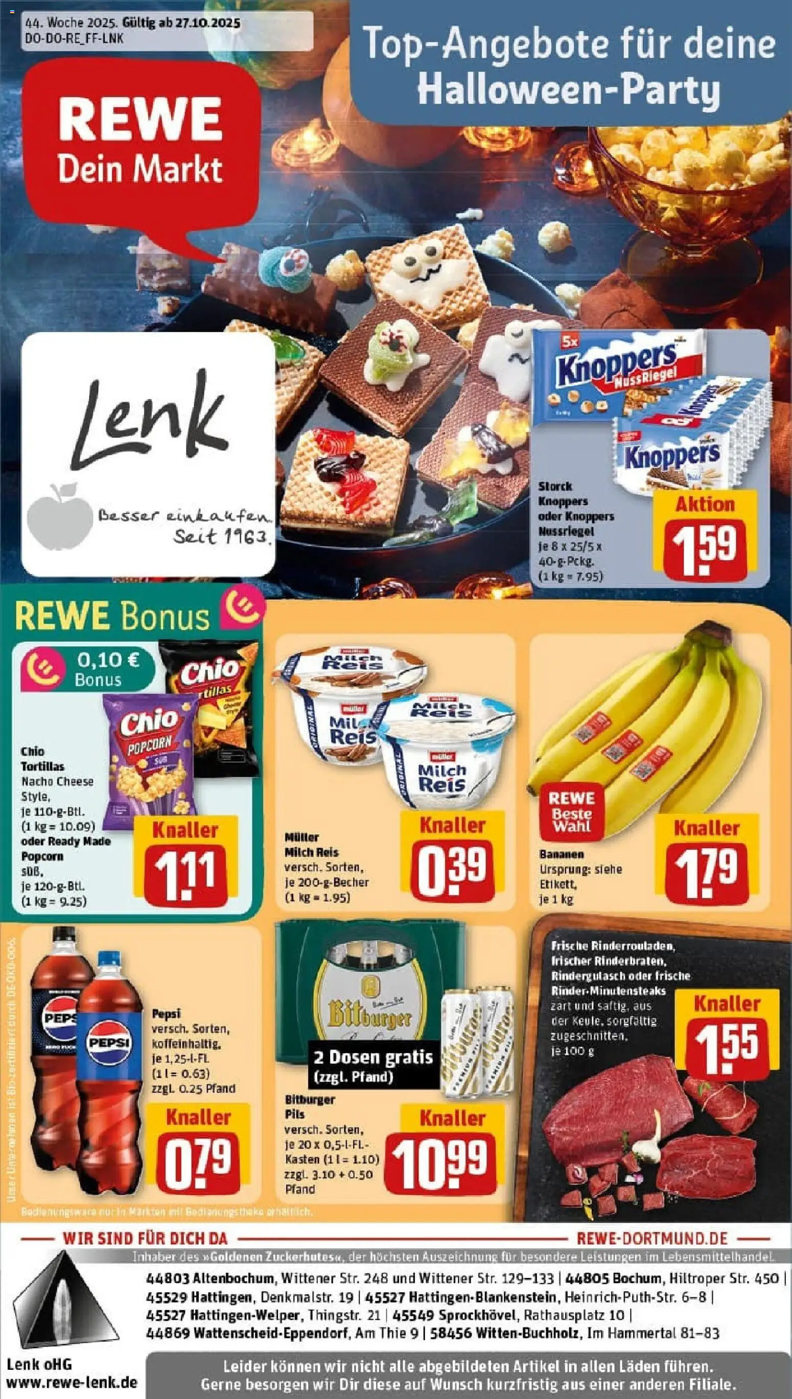 Vorschau von dem Prospekt des Geschäftes Rewe, gültig ab dem 26.10.2025 - Tortillas, Milch, Reis, Popcorn, Rindergulasch, Bitburger, Theke, Chio tortillas