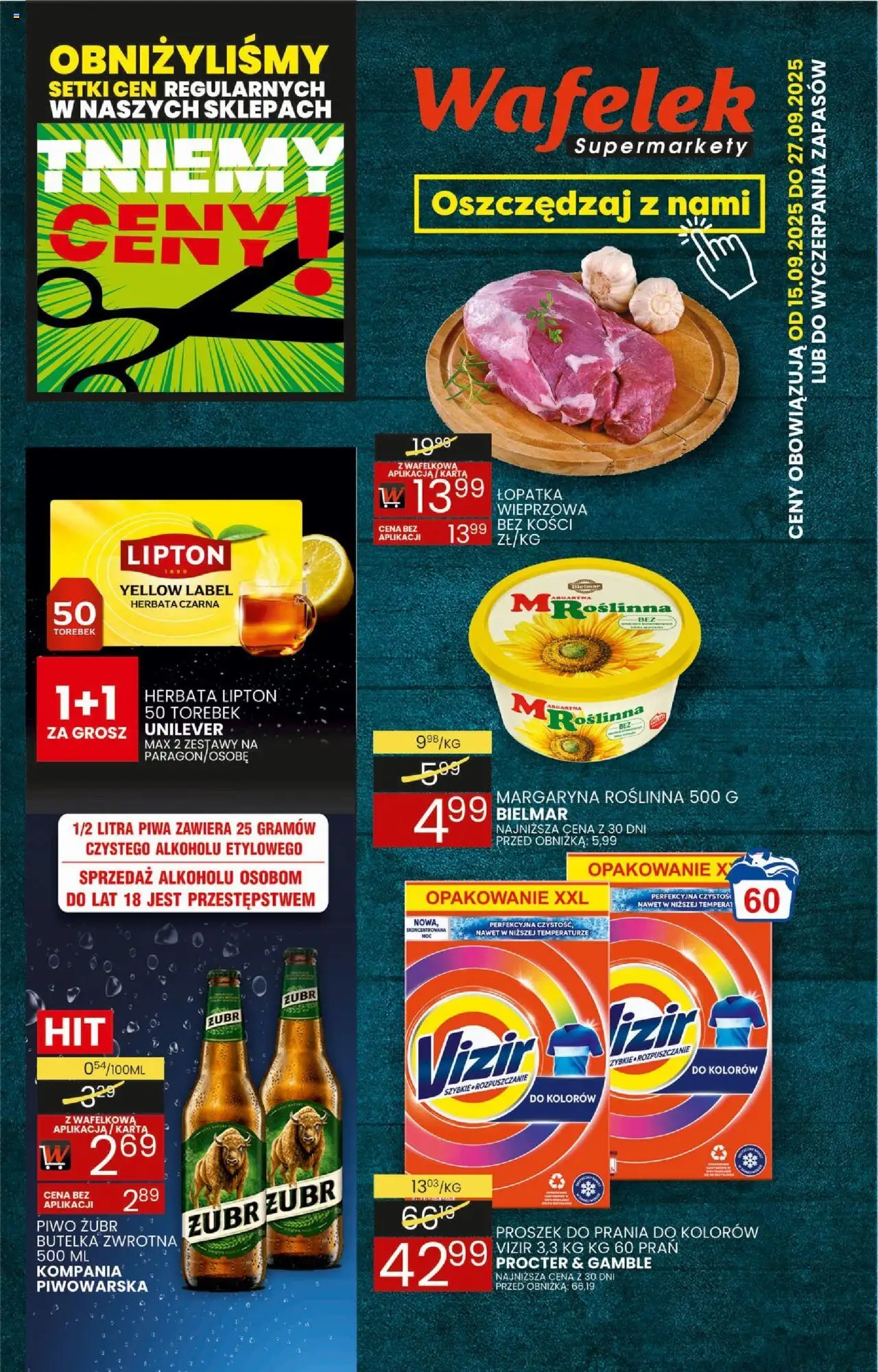 Pogląd gazetki "Gazetka" ze sklepu Wafelek ważnej od 15.09.2025 - Piwo, Herbata, Proszek do prania, Łopatka wieprzowa, Wafelek, Herbata lipton, Vizir, Proszek