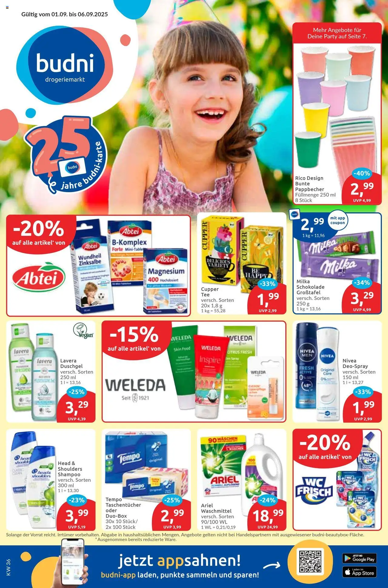 Budni Prospekt (vom 01.09.2025 - 06.09.2025) - Schokolade, Milka, Ariel, Shampoo, Waschmittel, Tempo, Taschentücher, Deospray