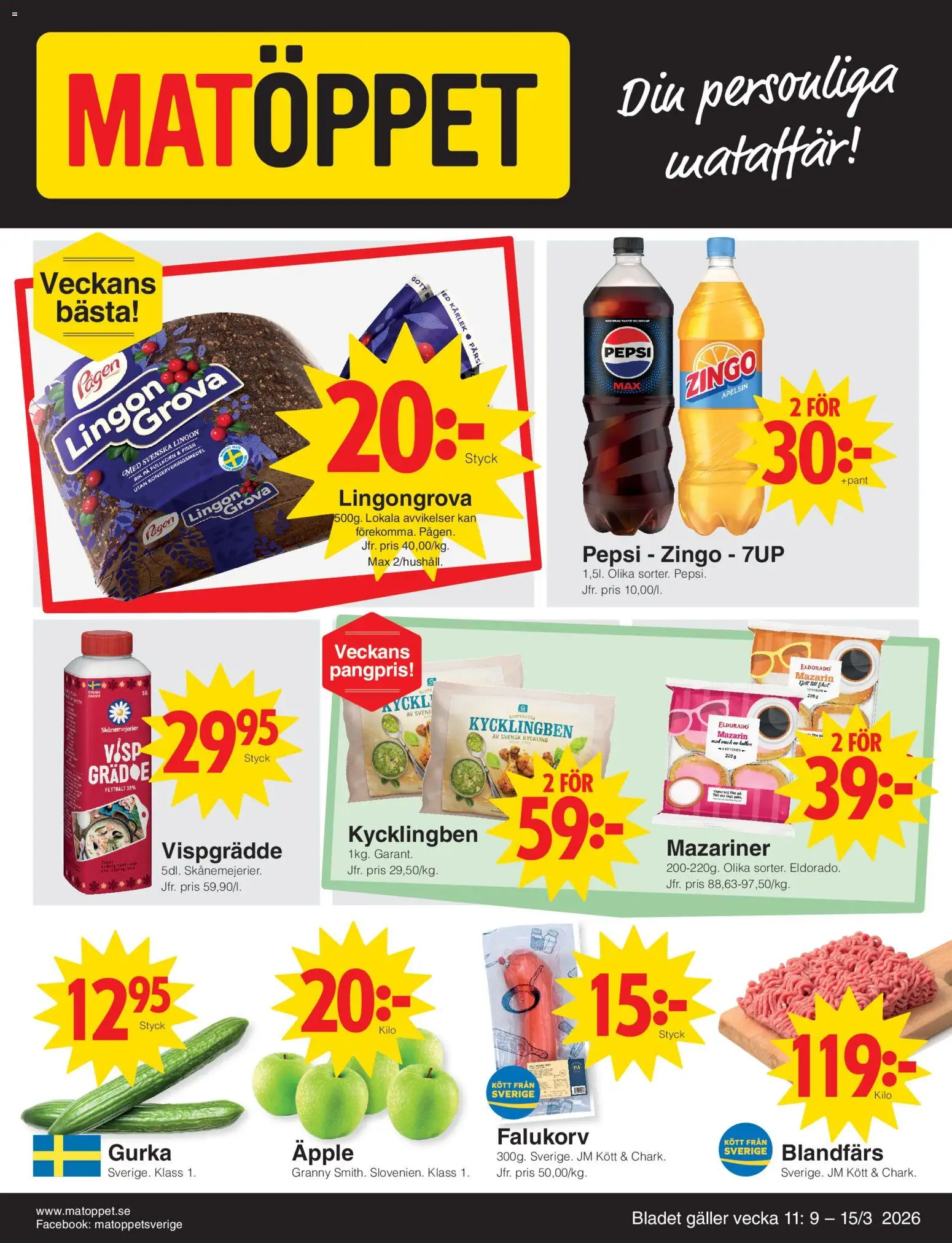 Förhandsgranska reklamblad Matöppet erbjudanden från butik Matöppet gäller från 09/03/2026 - Falukorv, Pepsi, Äpple, Gurka, Vispgrädde, Lingongrova, Visp, 7up