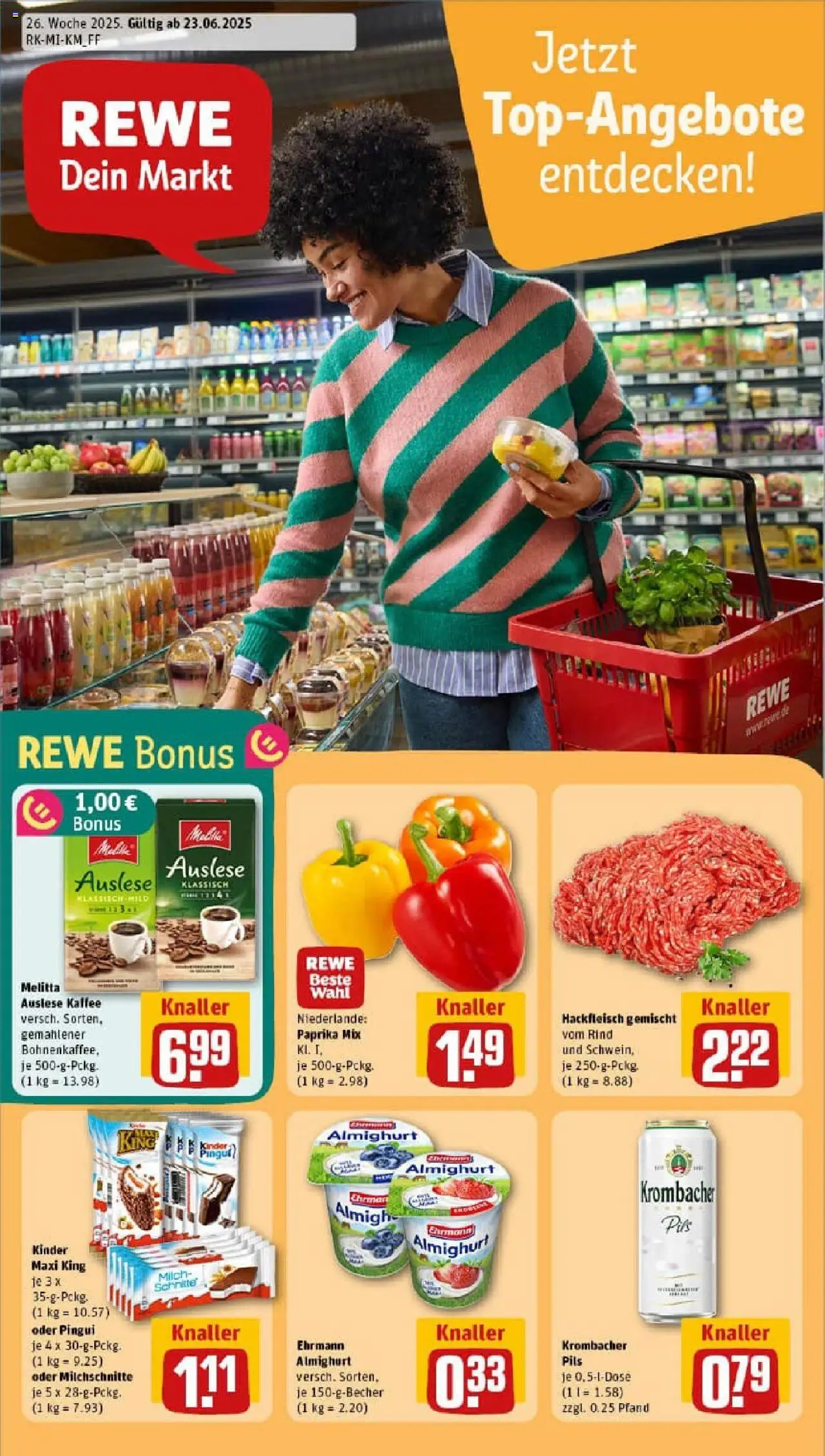 REWE Prospekt ab 22.06.2025 nächste Woche - Prospekt Marburg - Kaffee, Milch, Krombacher, Hackfleisch, Paprika, Melitta, Pils, Ehrmann almighurt