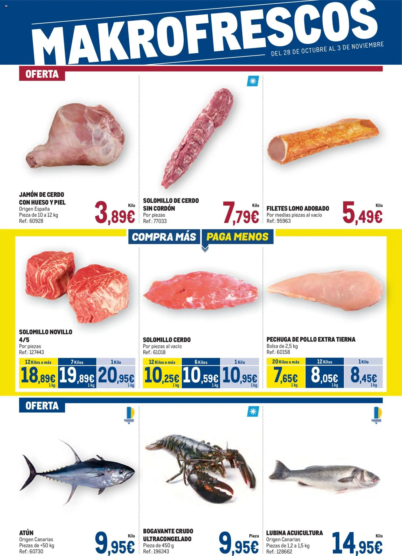 Vista previa del folleto de la tienda Makro válido desde el 28/10/2025 - Bolsa, Jamón, Medias, Cerdo, Solomillo de cerdo, Atún, Lomo, Pollo