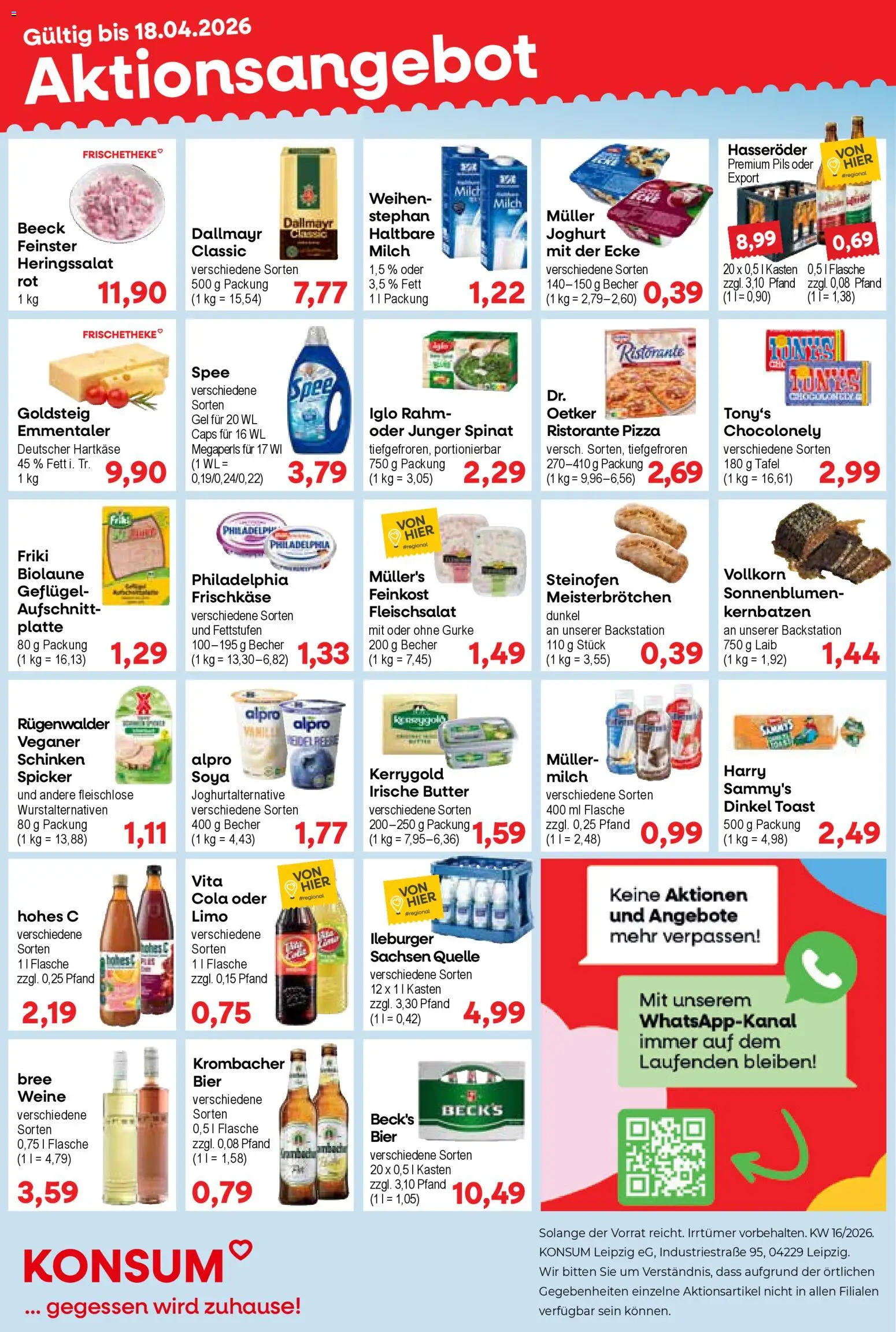 Vorschau von dem Prospekt des Geschäftes KONSUM Leipzig, gültig ab dem 13.04.2026 - Bier, Philadelphia, Dallmayr, Schinken, Toast, Vita cola, Iglo, Bree
