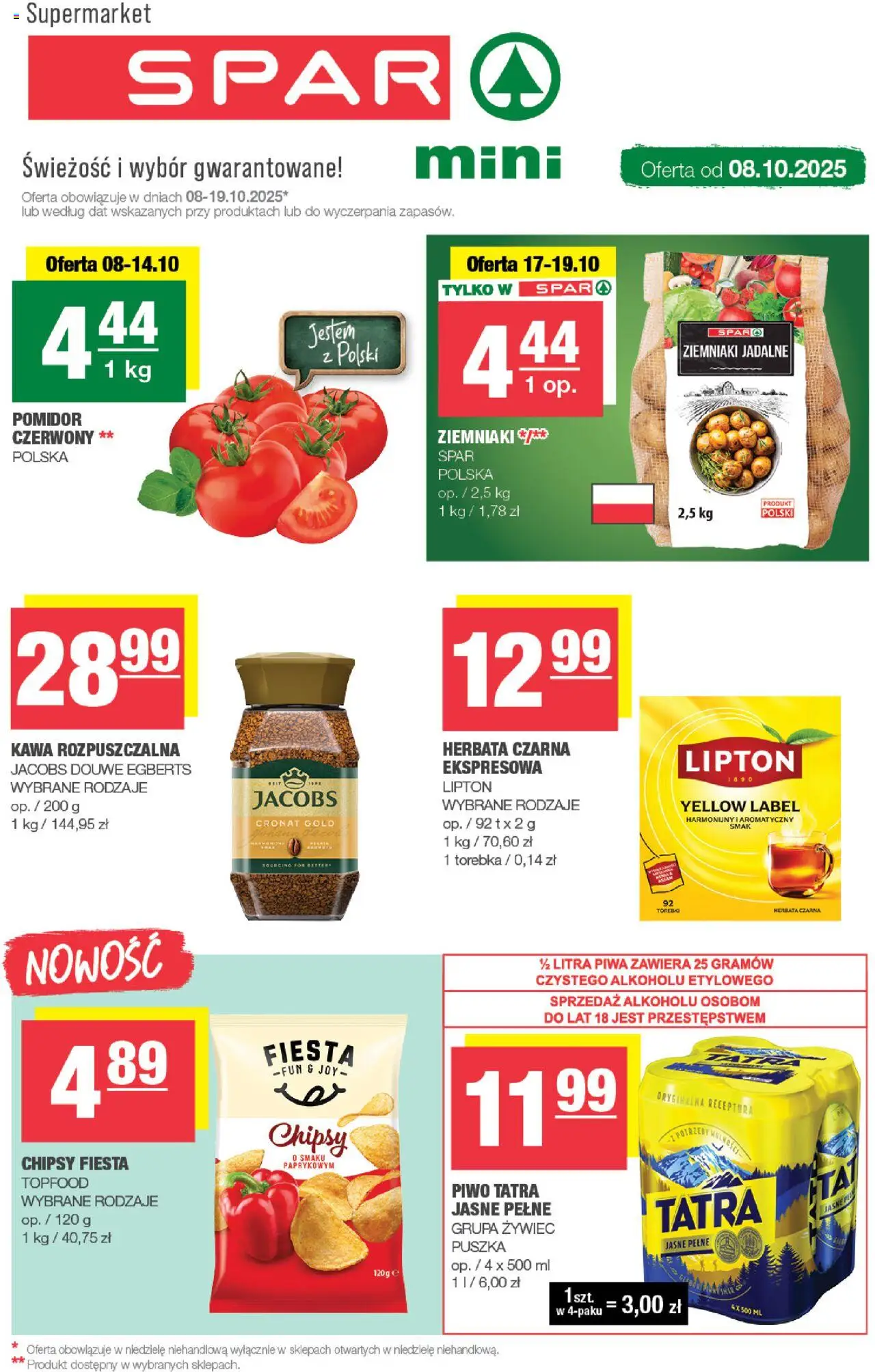 Pogląd gazetki "Spar mini" ze sklepu Spar ważnej od 08.10.2025 - Torebka, Piwo, Herbata, Jacobs, Torebki, Pomidor, Kawa rozpuszczalna, Herbata czarna