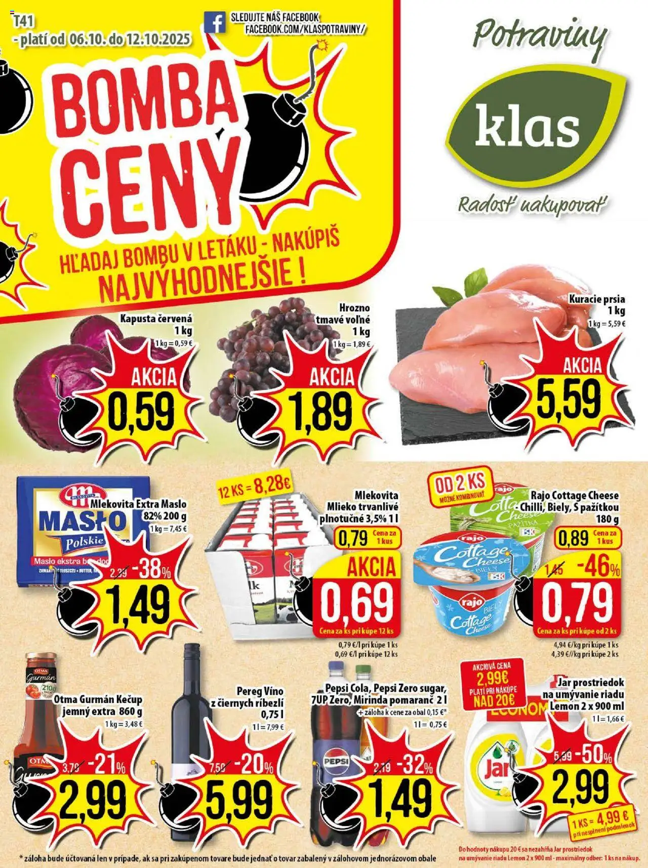 Náhľad Klas letáku platného od 06.10.2025 - Maslo, Kuracie prsia, Jar, Pepsi, Hrozno, Kečup, Mirinda, Kapusta červená
