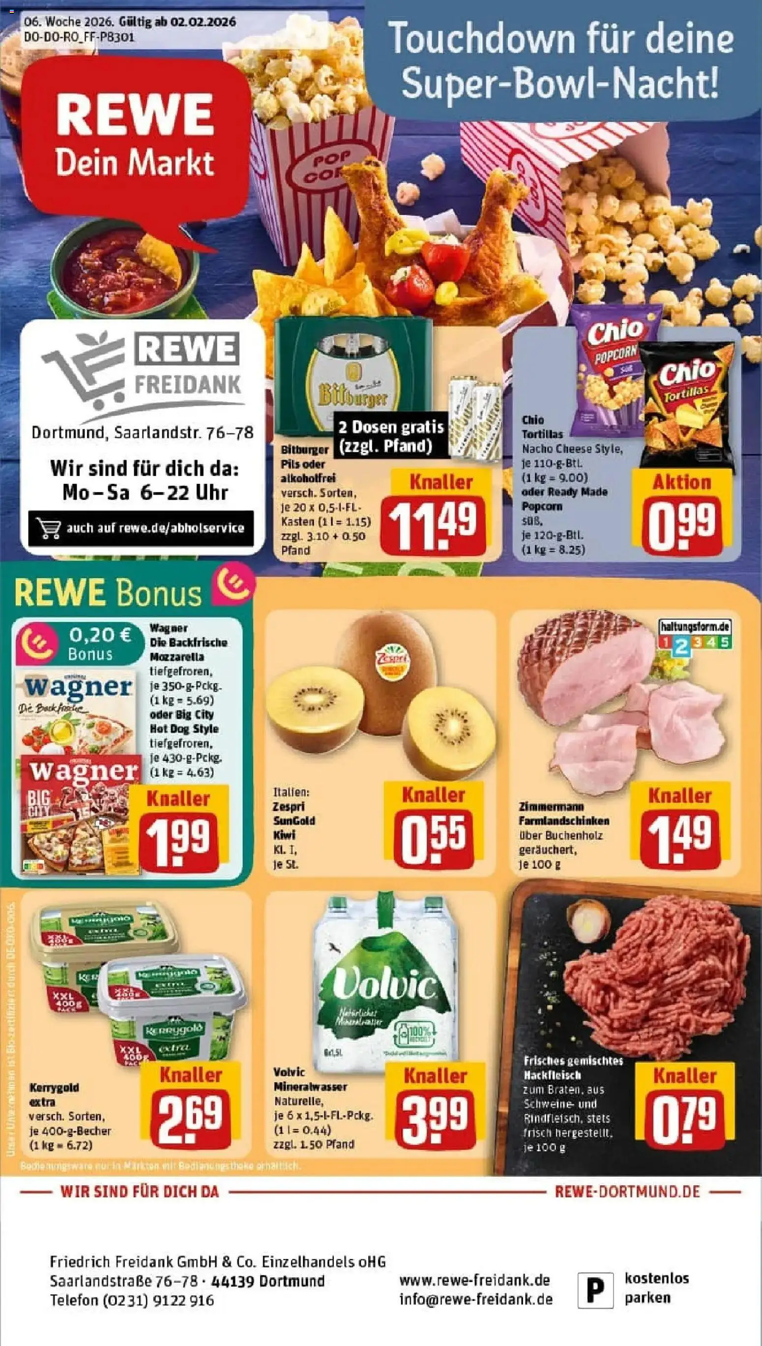 Vorschau von dem Prospekt des Geschäftes Rewe, gültig ab dem 02.02.2026 - Pizza, Telefon, Butter, Kiwi, Tortillas, Mozzarella, Pils, Chio tortillas