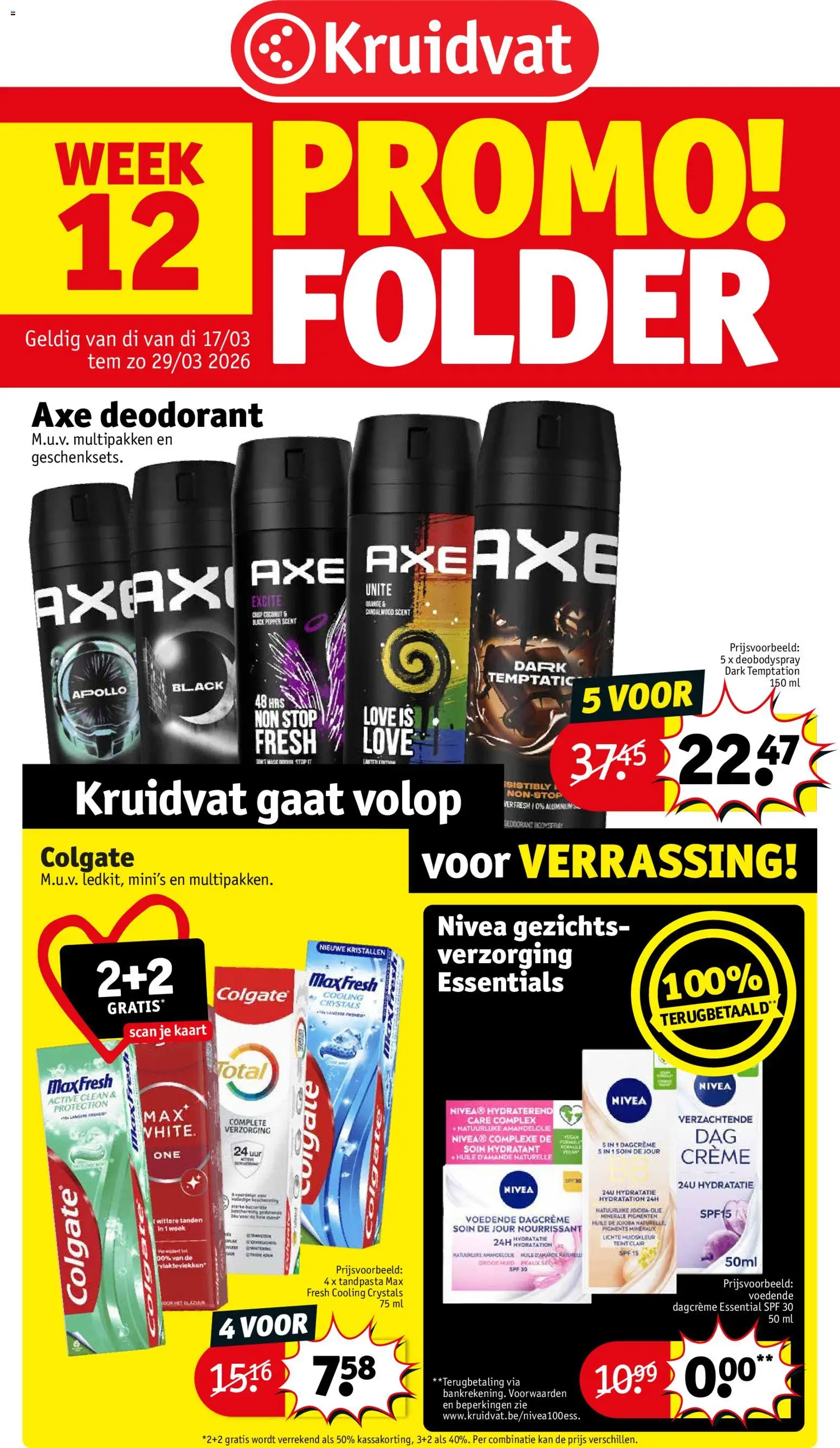 Voorbeeld van Kruidvat Folder week 12 van winkel Kruidvat geldig vanaf 17/03/2026 - Crème, Kaart, Deodorant, Kan, Tandpasta, Olie, Kristallen