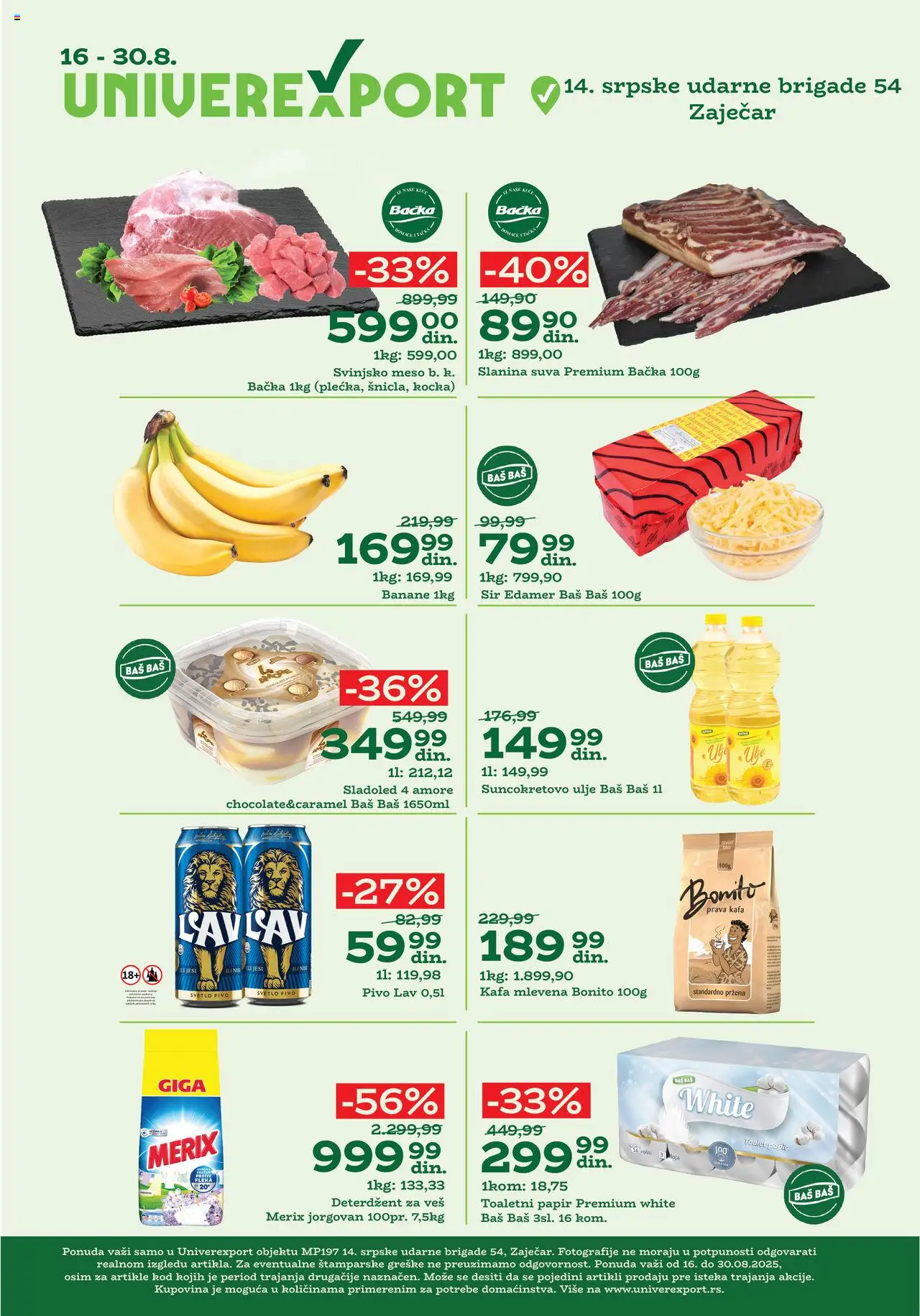 Univerexport katalog važi od 16.08.2025 - stranica 1 - Sladoled, Meso, Sir, Slanina, Ulje, Banane, Edamer, Suncokretovo ulje