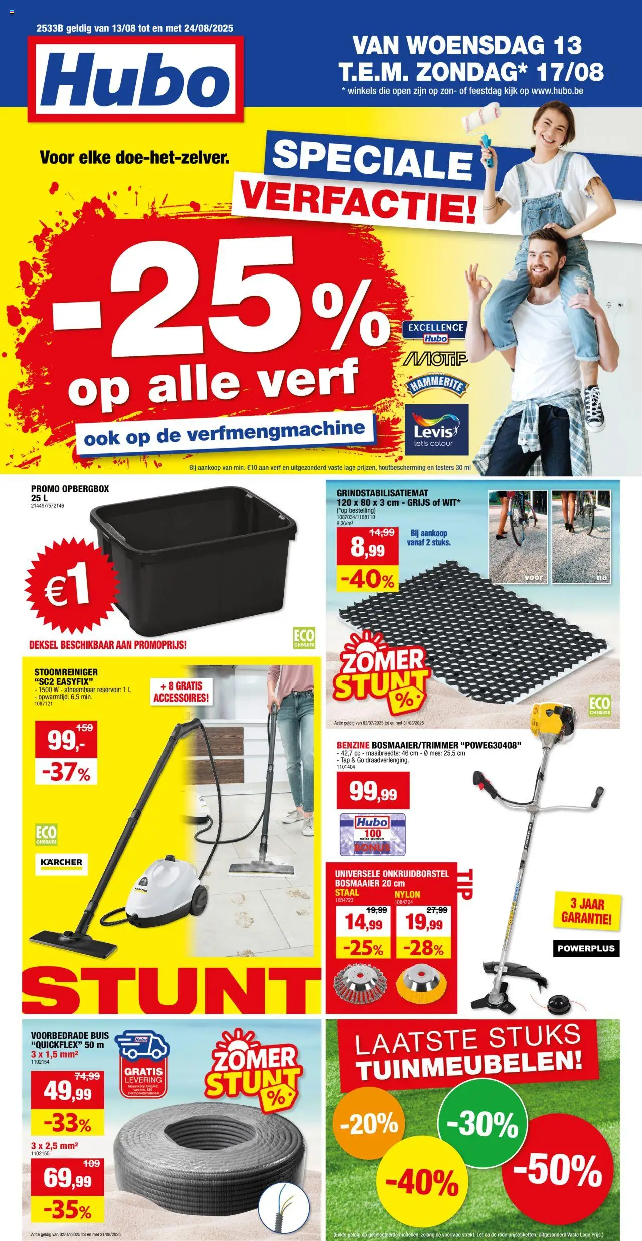Hubo shop Folder geldig vanaf 13/08/2025 - Paginanummer 1 - Tuinmeubelen, Stoomreiniger, Mes, Bosmaaier, Opbergbox