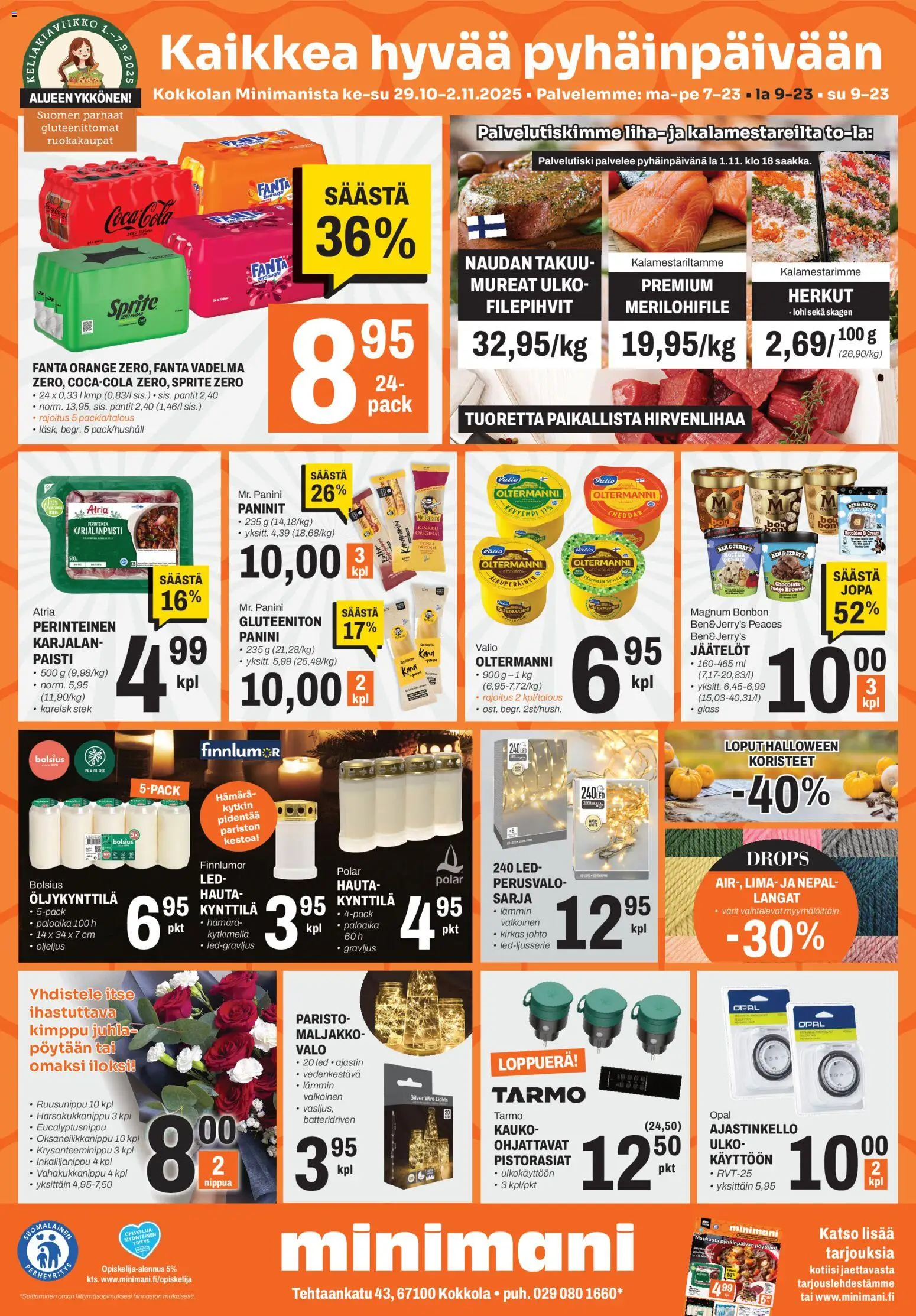 Kaupan Minimani Tarjoukset - Kokkola esikatselu, voimassa 29/10/2025 - Lohi, Vadelma, Maljakko, Fanta, Liha, Sprite, Cheddar