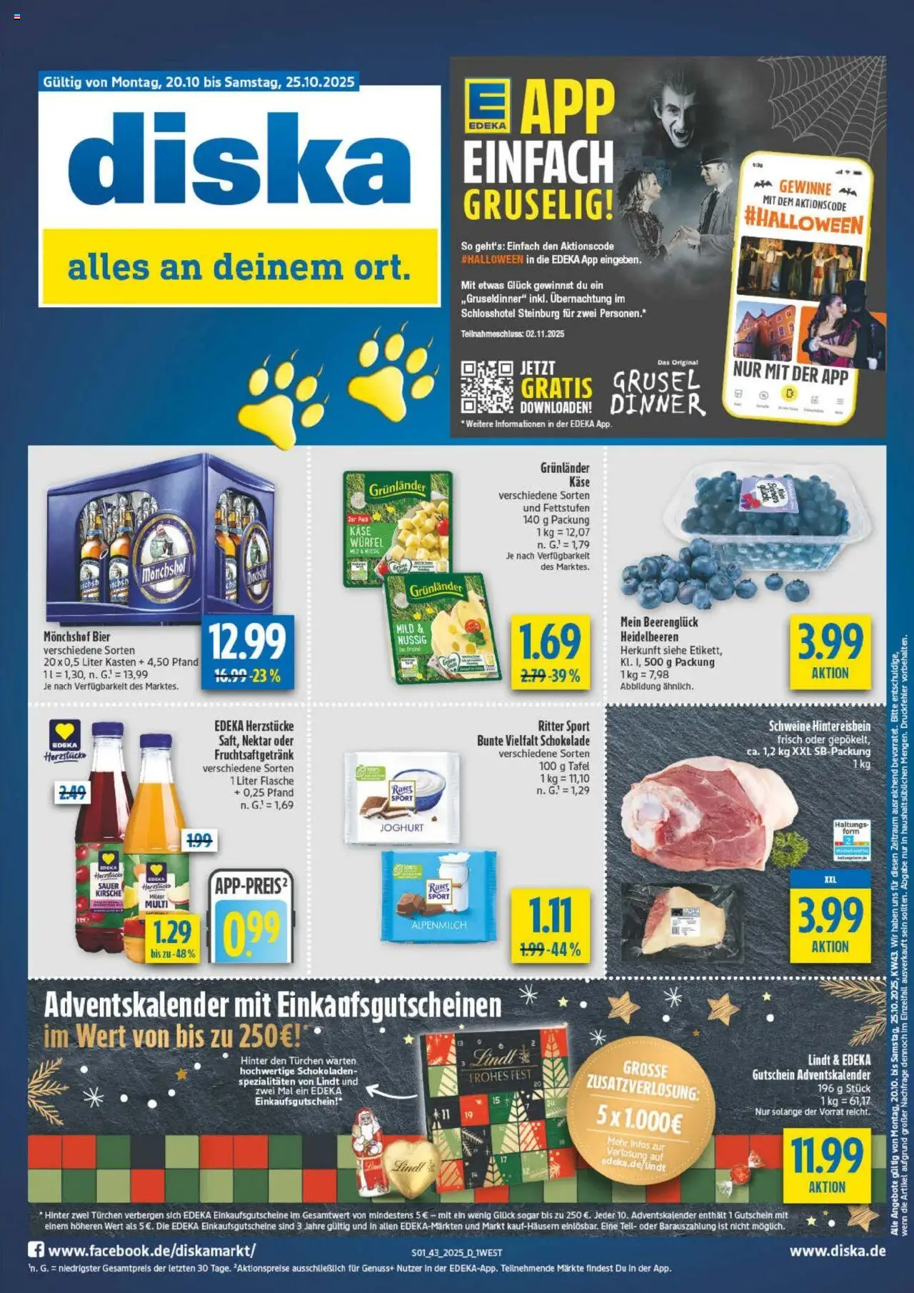 Diska Diska Angebote Bayern KW43 (vom 20.10.2025 - 25.10.2025) - Käse, Schokolade, Bier, Joghurt, Ritter sport, Monchshof, Spezialitäten, Grunlander
