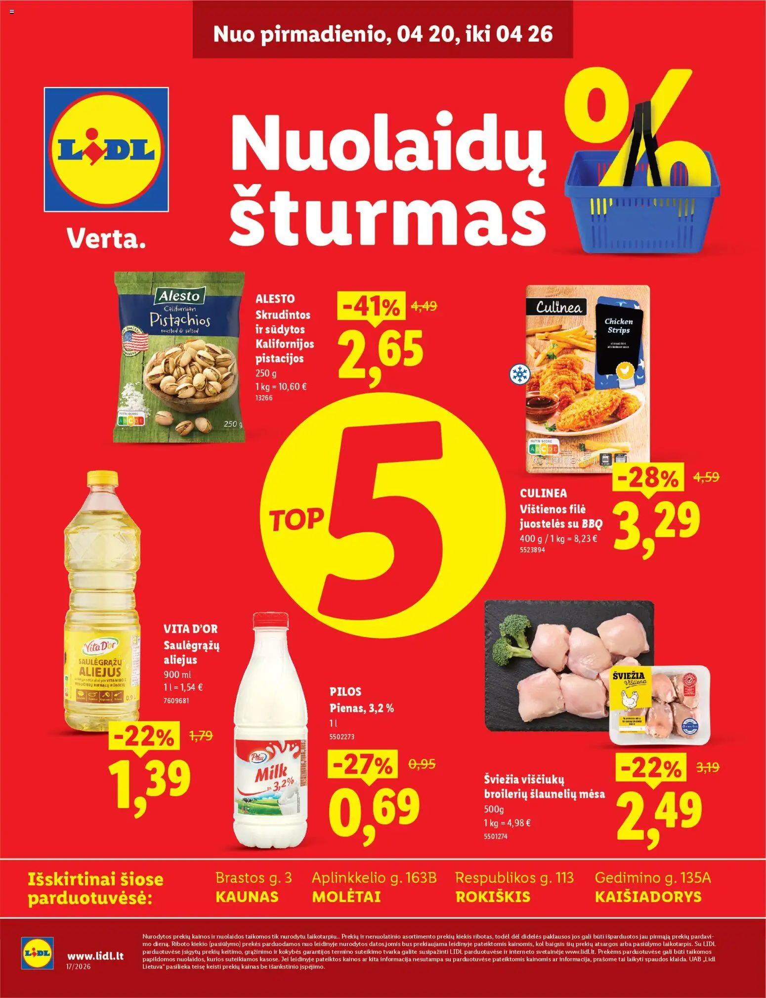 LIDL parduotuvės leidinio LIDL leidinys - Nuolaidų šturmas galiojančio nuo 2026.04.20 peržiūra - Aliejus, Vištiena, Pistacijos, Vištienos