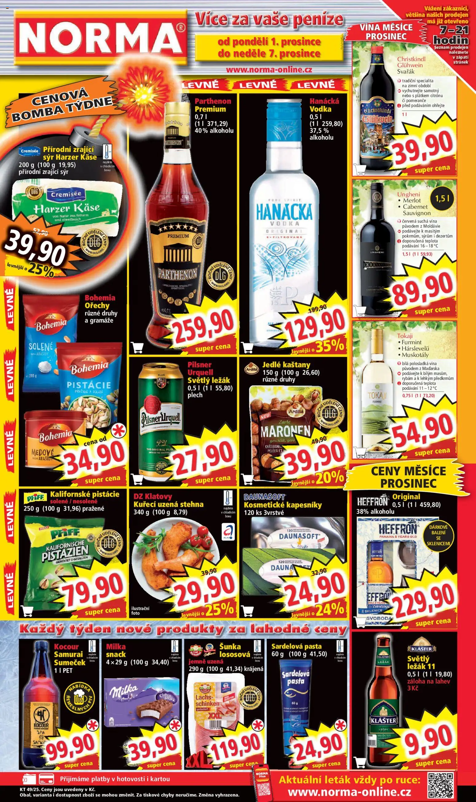 Náhled nabídky: Norma Leták platný od 01.12.2025 - Plech, Arašídy, Merlot, Sardelová pasta, Kapesníky, Tokaji, Pomeranče, Zrající sýr