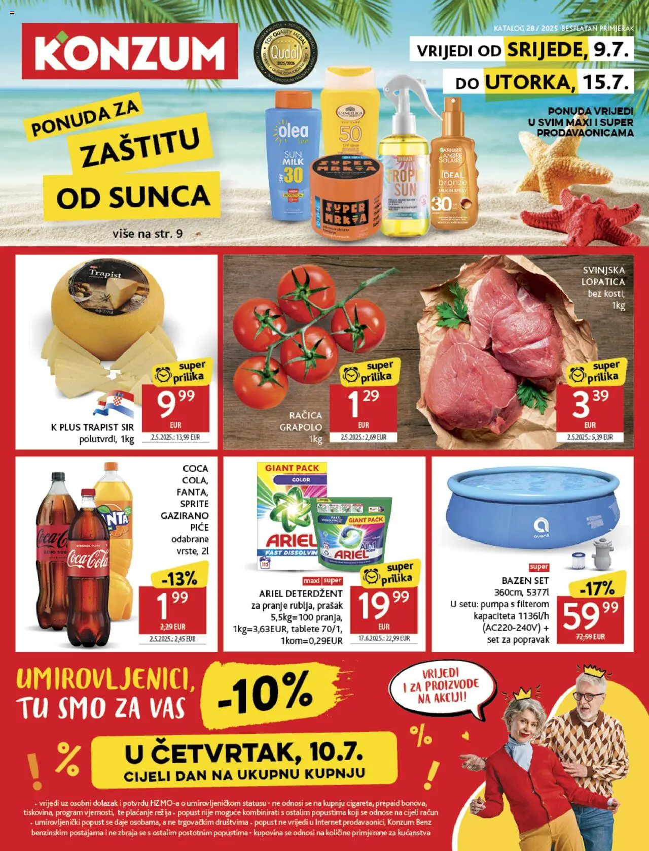 Konzum HR aktuális szórólap, érvényes 2025.07.09.-től - 1 oldal - Coca Cola, Ariel, Vas, Cola, Sprite, Réz