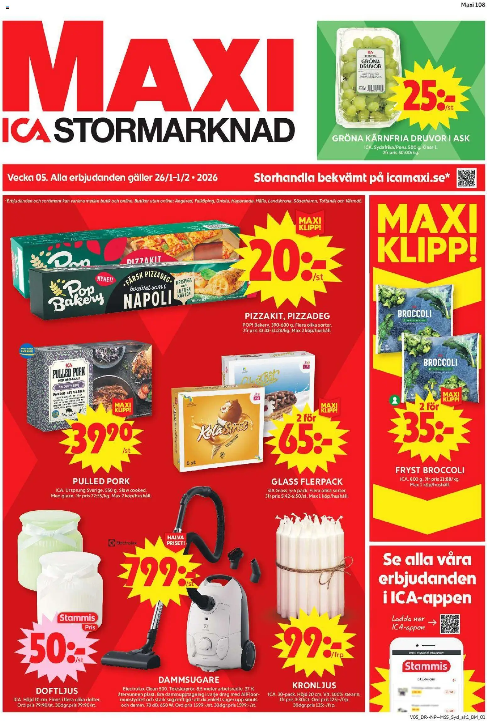 Förhandsgranska reklamblad Trelleborg från butik ICA Maxi gäller från 26/01/2026 - Glass, Dammsugare, Pizzadeg, Pulled pork, Broccoli, Doftljus, Galler