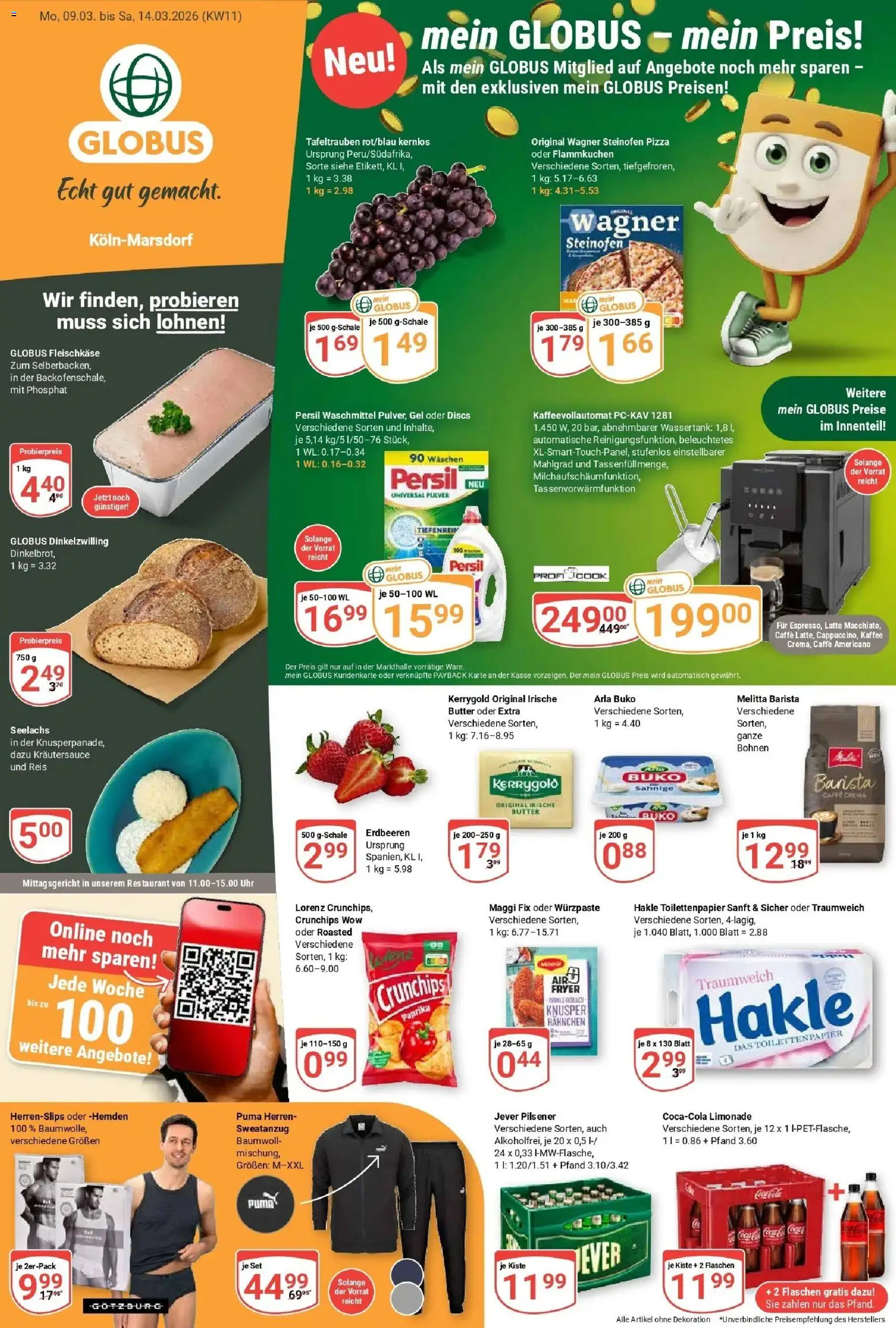 Vorschau von dem Prospekt des Geschäftes Globus, gültig ab dem 09.03.2026 - Kaffee, Uhr, Butter, Erdbeeren, Toilettenpapier, Jever, Paprika, Arla buko