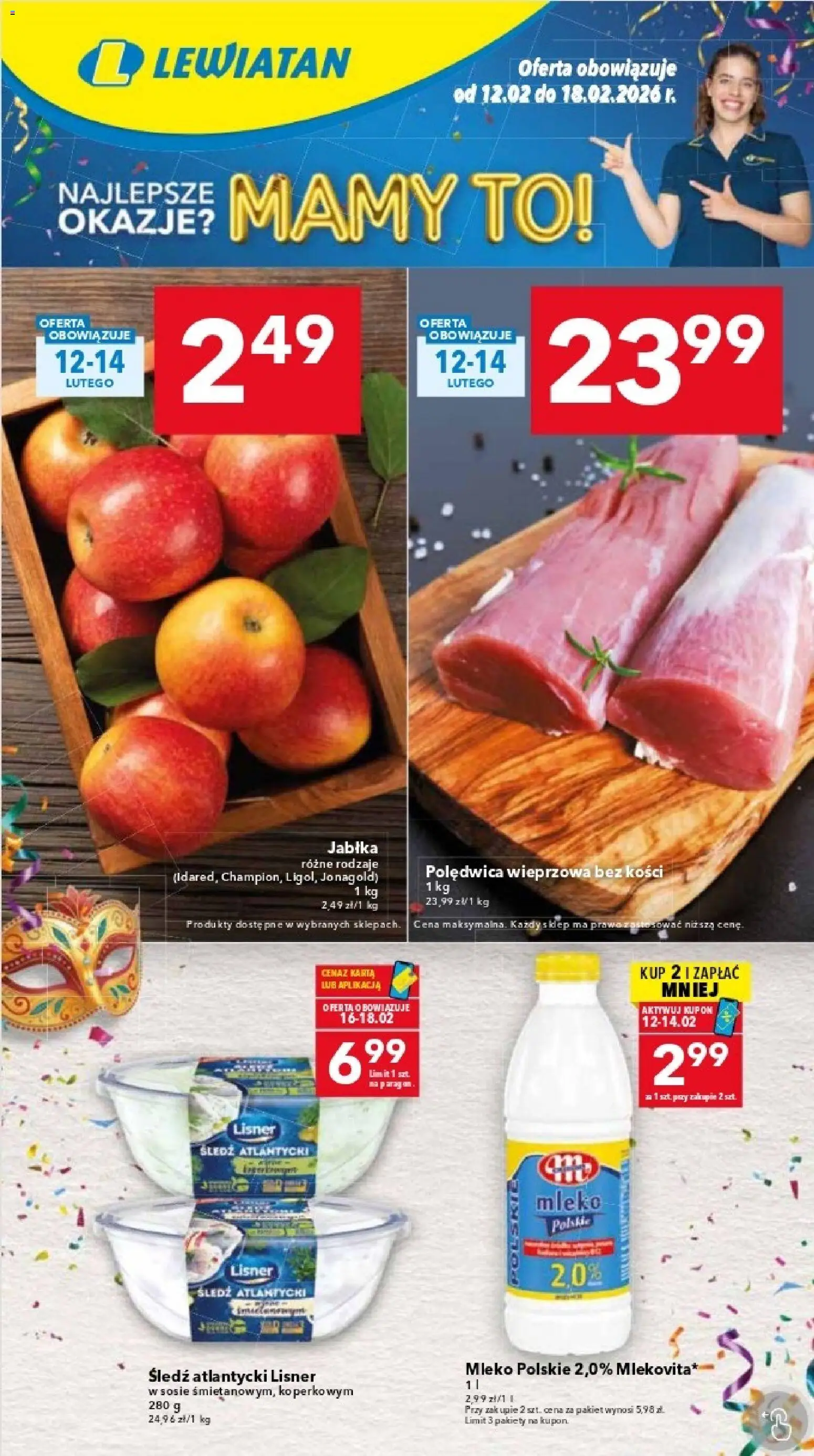 Pogląd gazetki "Katowice" ze sklepu Lewiatan ważnej od 12.02.2026 - Mleko, Śledź, Karta, Polędwica wieprzowa, Jabłka