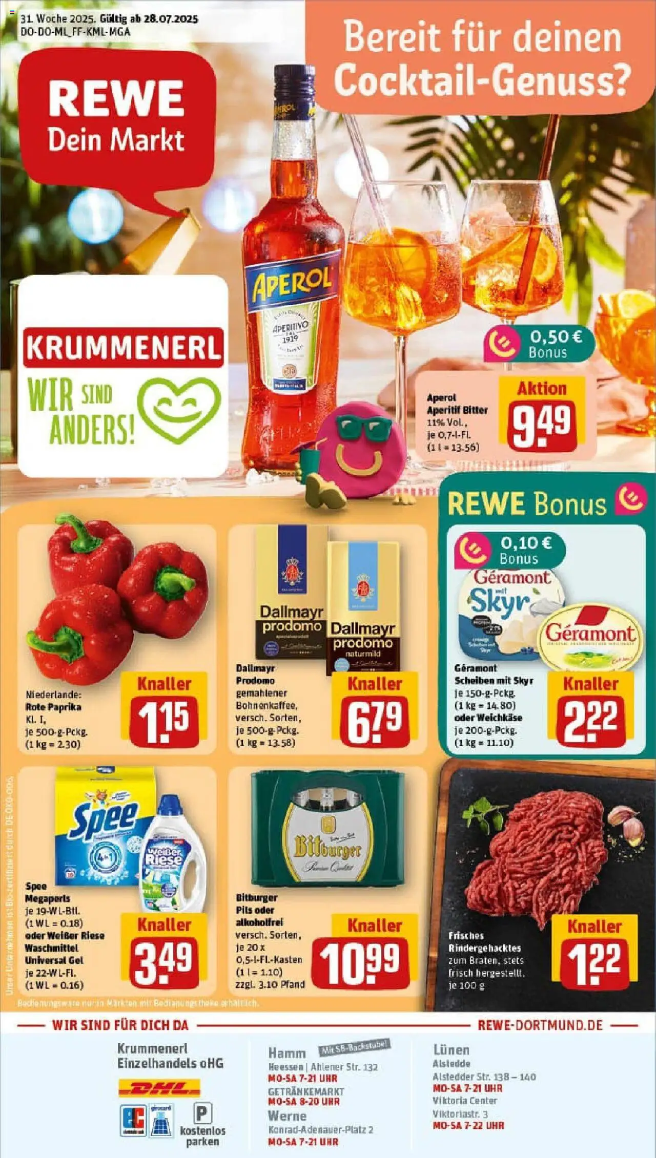 REWE Prospekt ab 27.07.2025 nächste Woche - Prospekt Hamm - Uhr, Aperol, Dallmayr, Waschmittel, Bitburger, Theke, Dallmayr prodomo, Pils