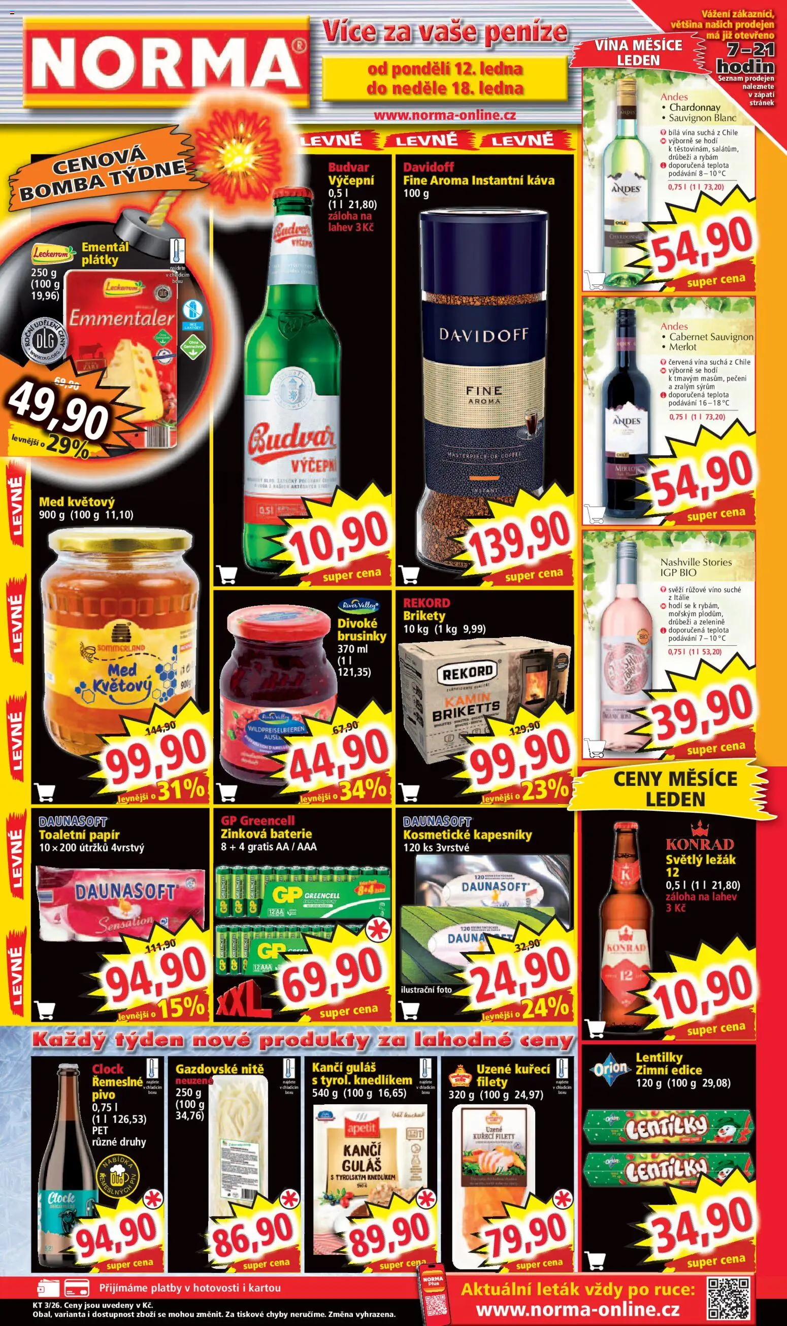 Náhled nabídky: Norma Leták platný od 12.01.2026 - Káva, Pivo, Med, Brikety, Brusinky, Instantní káva, Merlot, Růžové víno