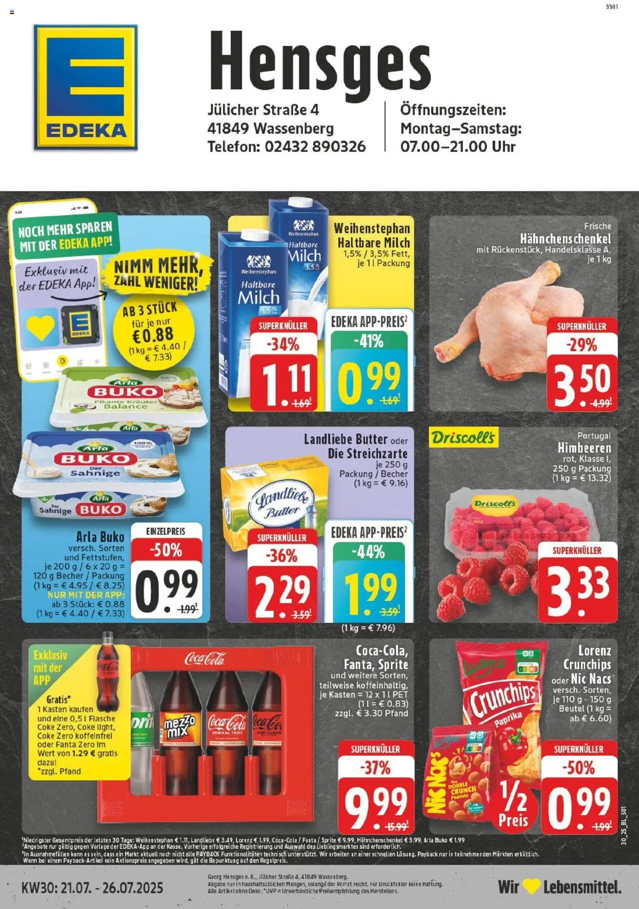 EDEKA Prospekt ab 20.07.2025 - Prospekt Wassenberg Online - Chips, Telefon, Coca cola, Cola, Hahnchenschenkel, Sprite, Arla buko, Lorenz crunchips