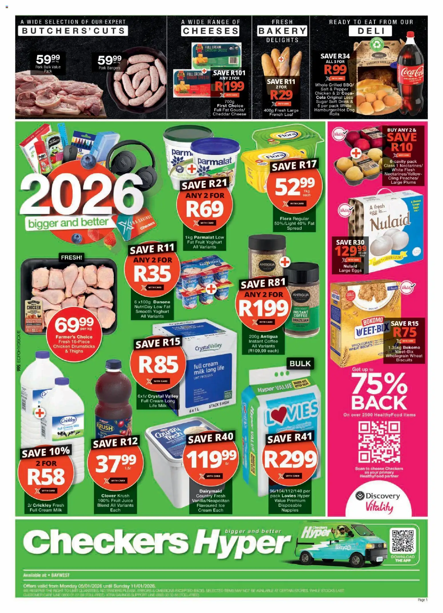Preview of Checkers flyer valid from 05/01/2026 - Chicken, Eggs, Cheese, Juice, Nappies, Pepper, Instant coffee, Cheddar