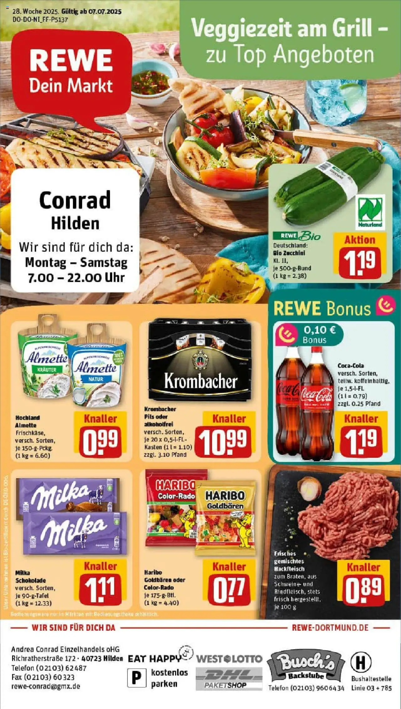 REWE Prospekt ab 06.07.2025 nächste Woche - Prospekt Hilden - Uhr, Schokolade, Haribo, Cola, Milka schokolade, Krombacher, Milka, Theke