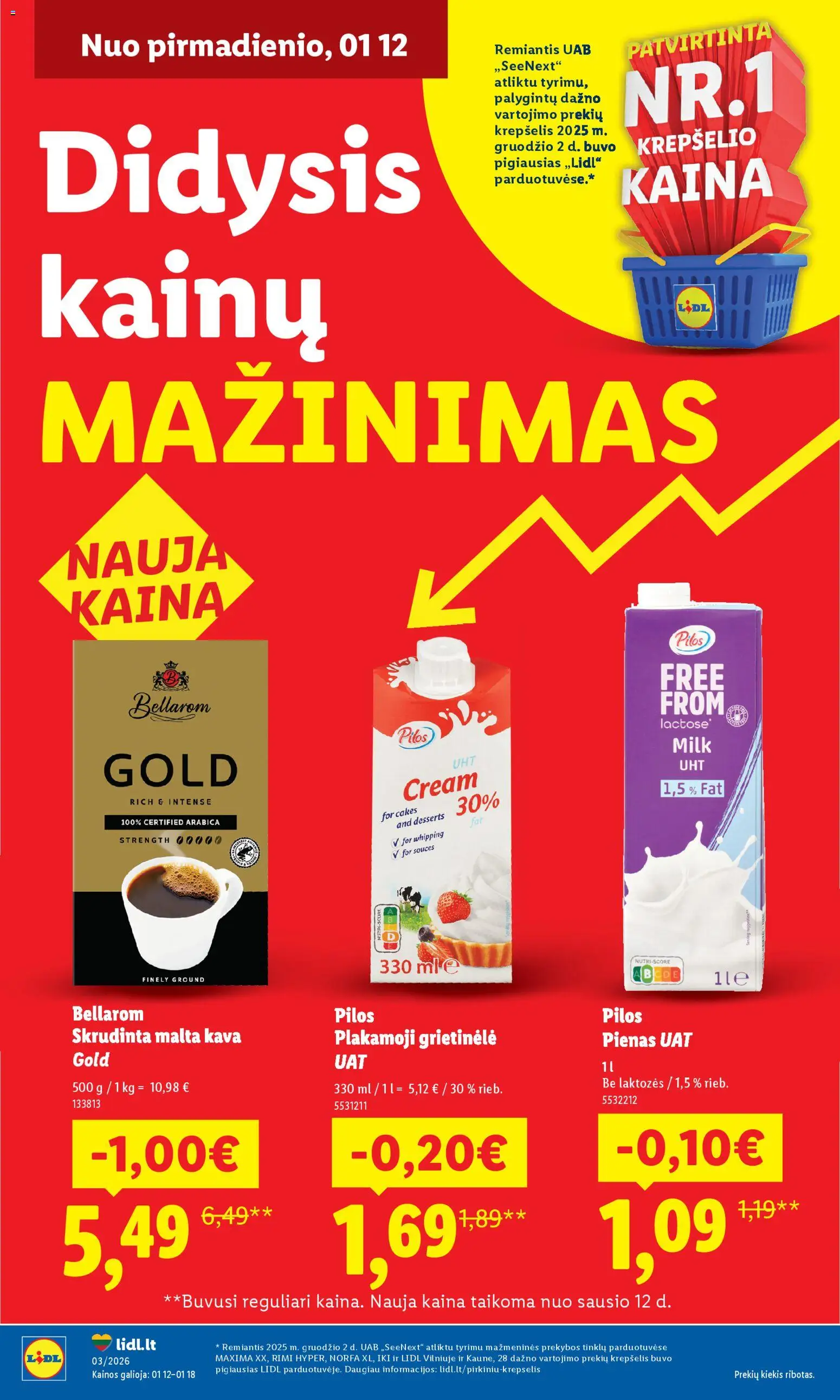 LIDL parduotuvės leidinio Leidinys - Didysis kainų mažinimas galiojančio nuo 2026.01.12 peržiūra - Kava, Pienas, Krepšelis, Grietinėlė