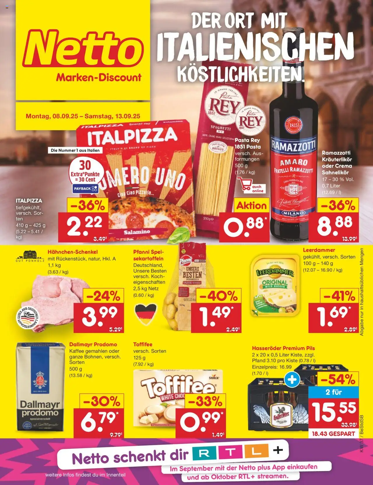 Netto Marken-Discount Prospekt (ab 08.09.2025) > Angebote - Pizza, Pasta, Dallmayr, Toffifee, Hahnchenschenkel, Hasseröder, Pils, Leerdammer