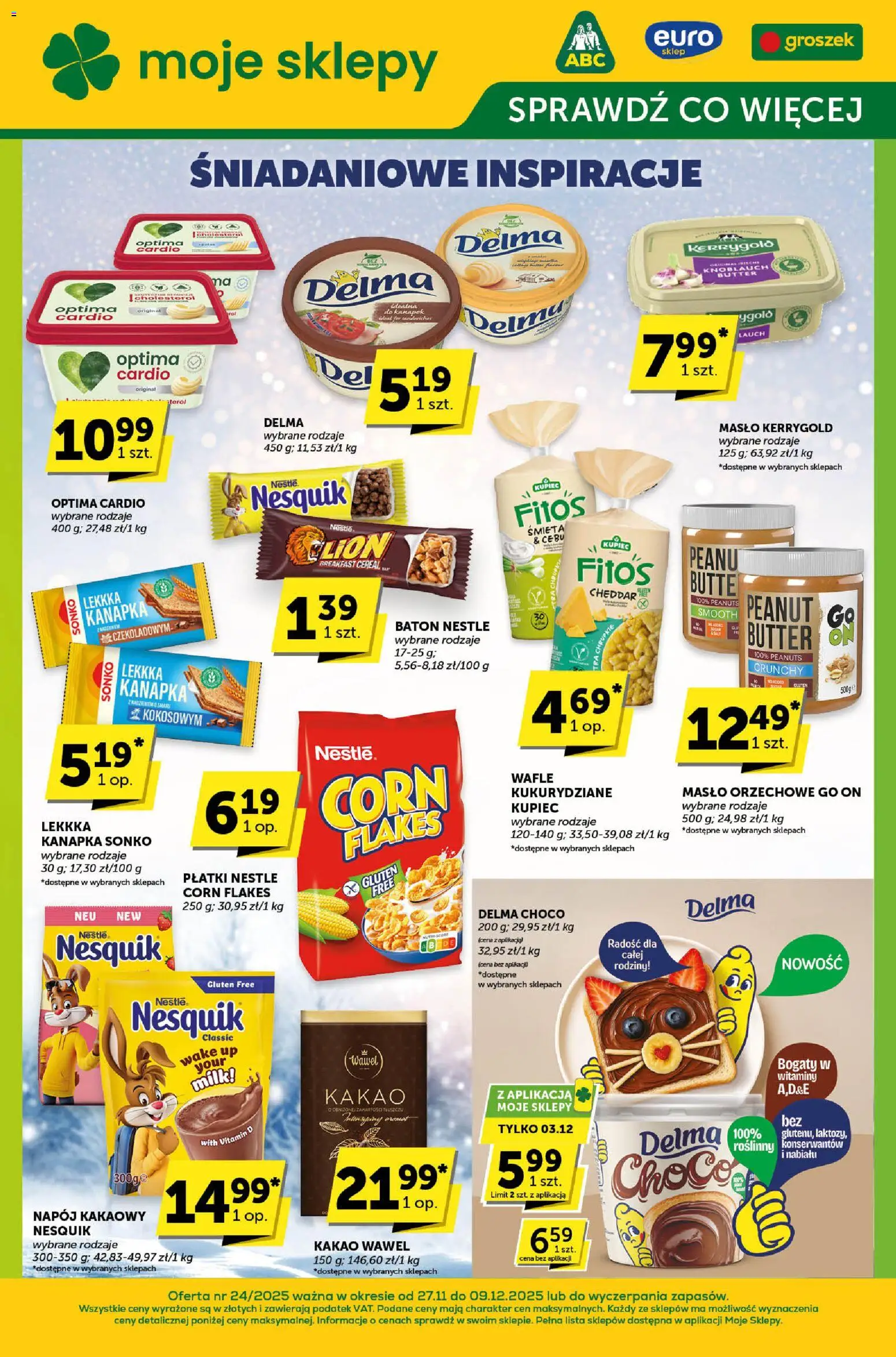 Pogląd gazetki "Sprawdź, co więcej" ze sklepu Euro Sklep ważnej od 27.11.2025 - Masło, Groszek, Masło orzechowe, Baton, Cheddar, Płatki, Corn Flakes, Optima cardio