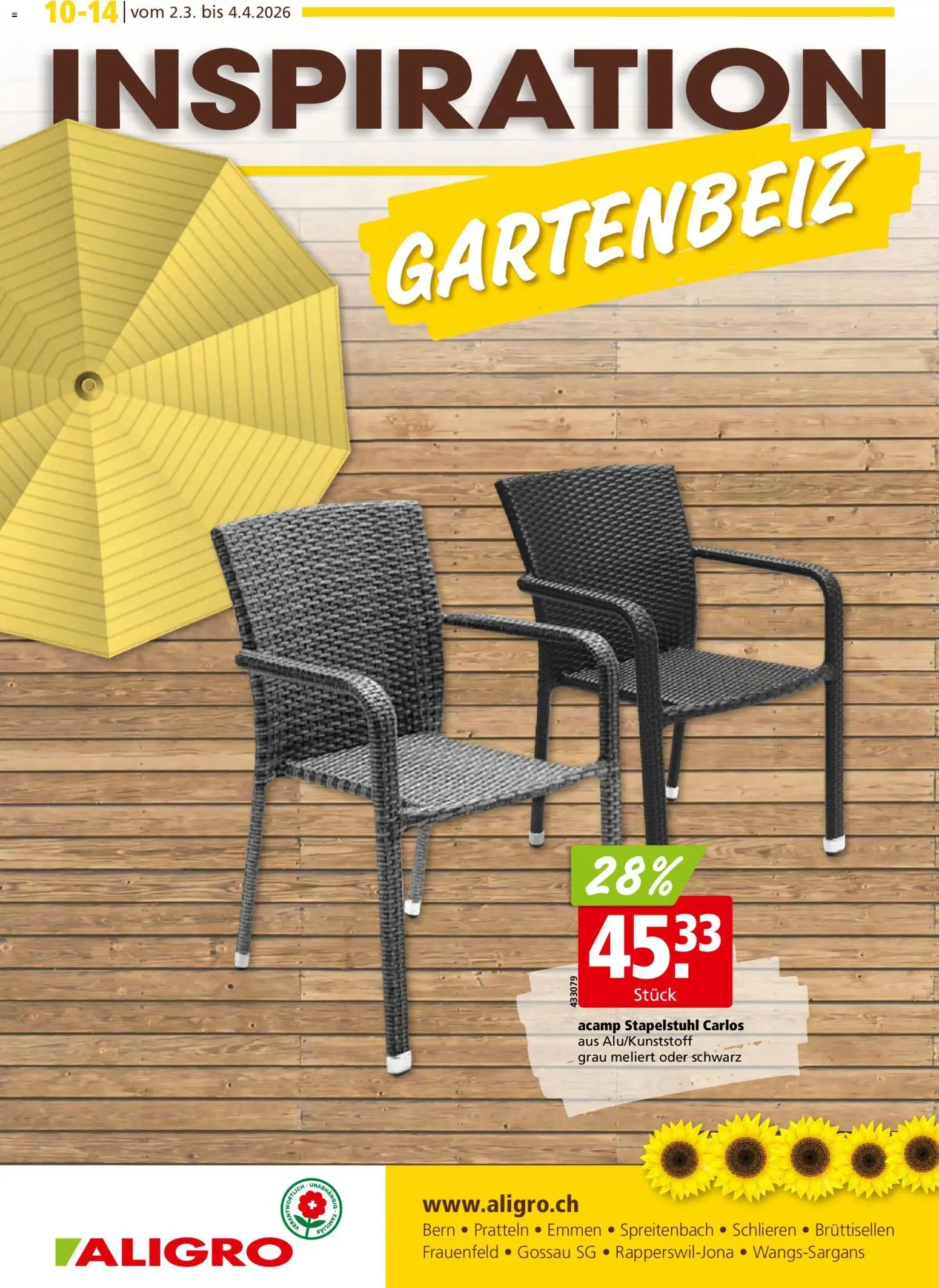 Vorschau des Merkblatts Aktionen Garten Schlieren, Gossau SG, Frauenfeld, Rapperswil-Jona, Sargans, Bern, Brüttisellen, Pratteln, Emmen, Spreitenbach vom Shop Aligro gültig von 02.03.2026 bis 07.03.2026