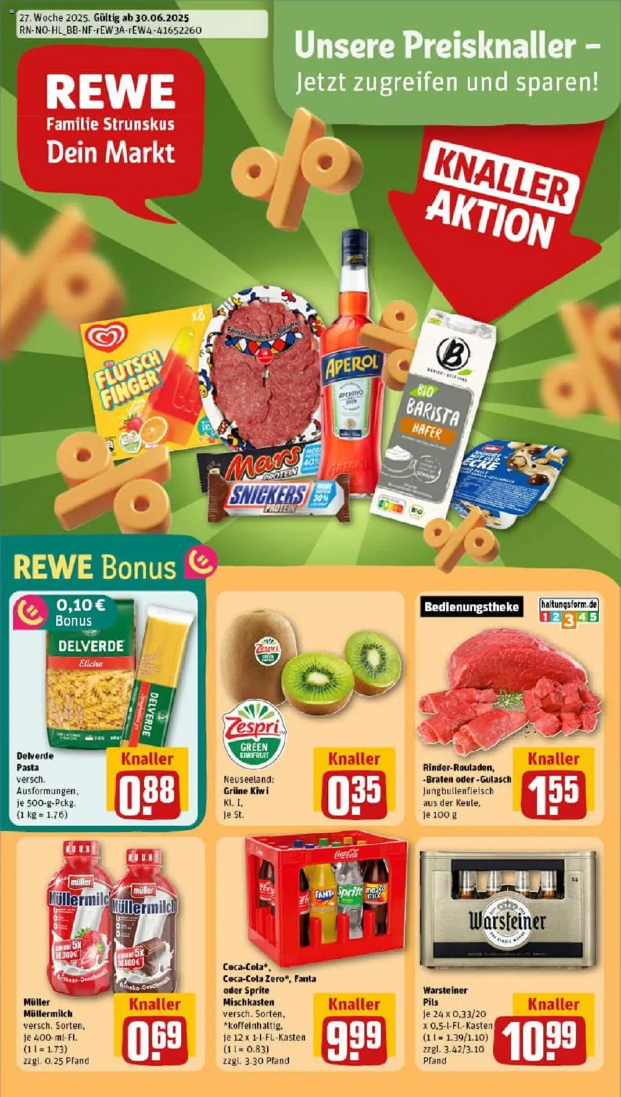 REWE Prospekt ab 29.06.2025 nächste Woche - Prospekt St. Michaelisdonn - Pasta, Aperol, Kiwi, Warsteiner, Müllermilch, Sprite, Pils, Muller mullermilch