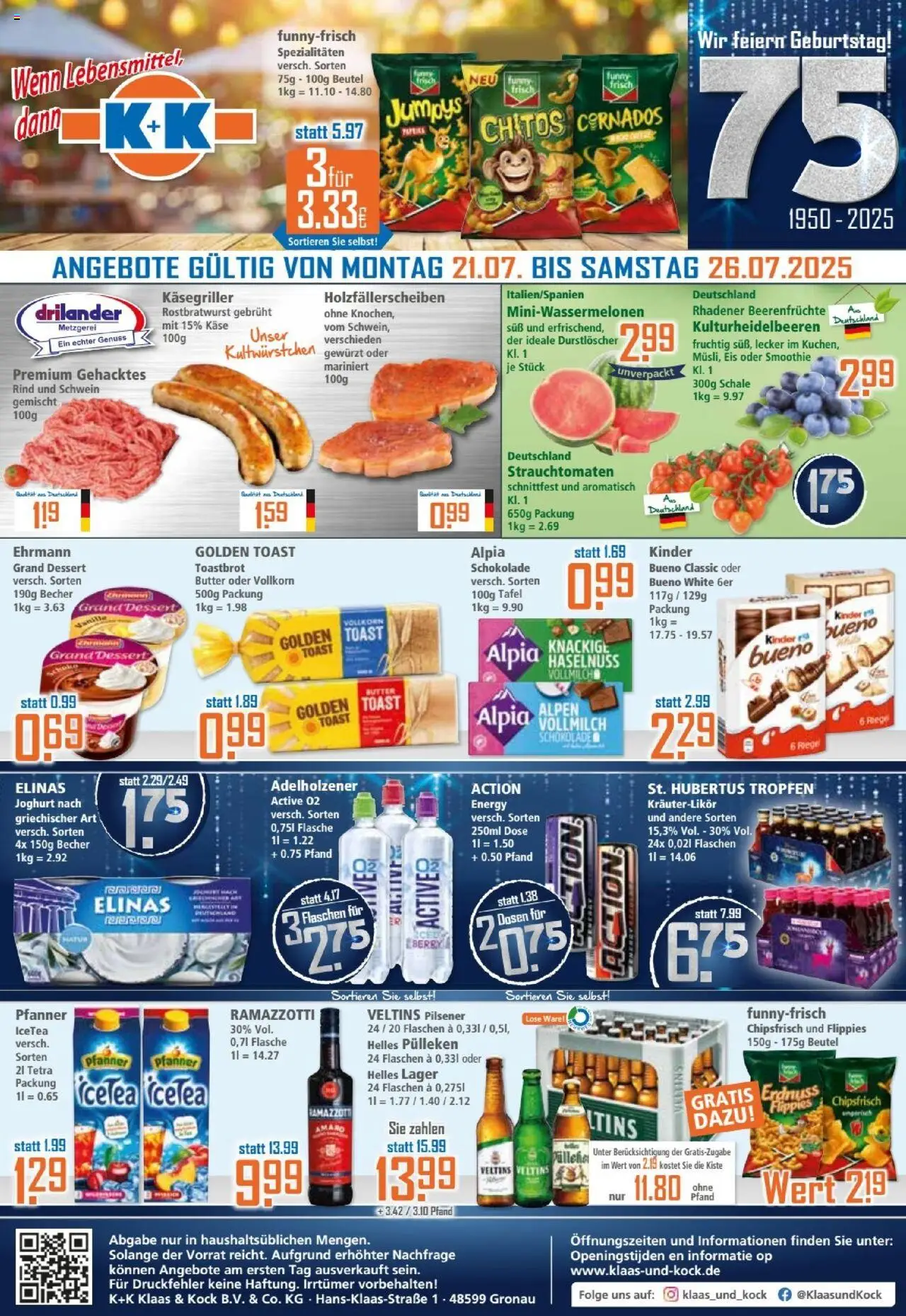 Klaas & Kock Prospekt (vom 21.07.2025 - 26.07.2025) - Butter, Schokolade, Veltins, Toastbrot, Toast, Adelholzener, Hubertus tropfen, Helles pulleken