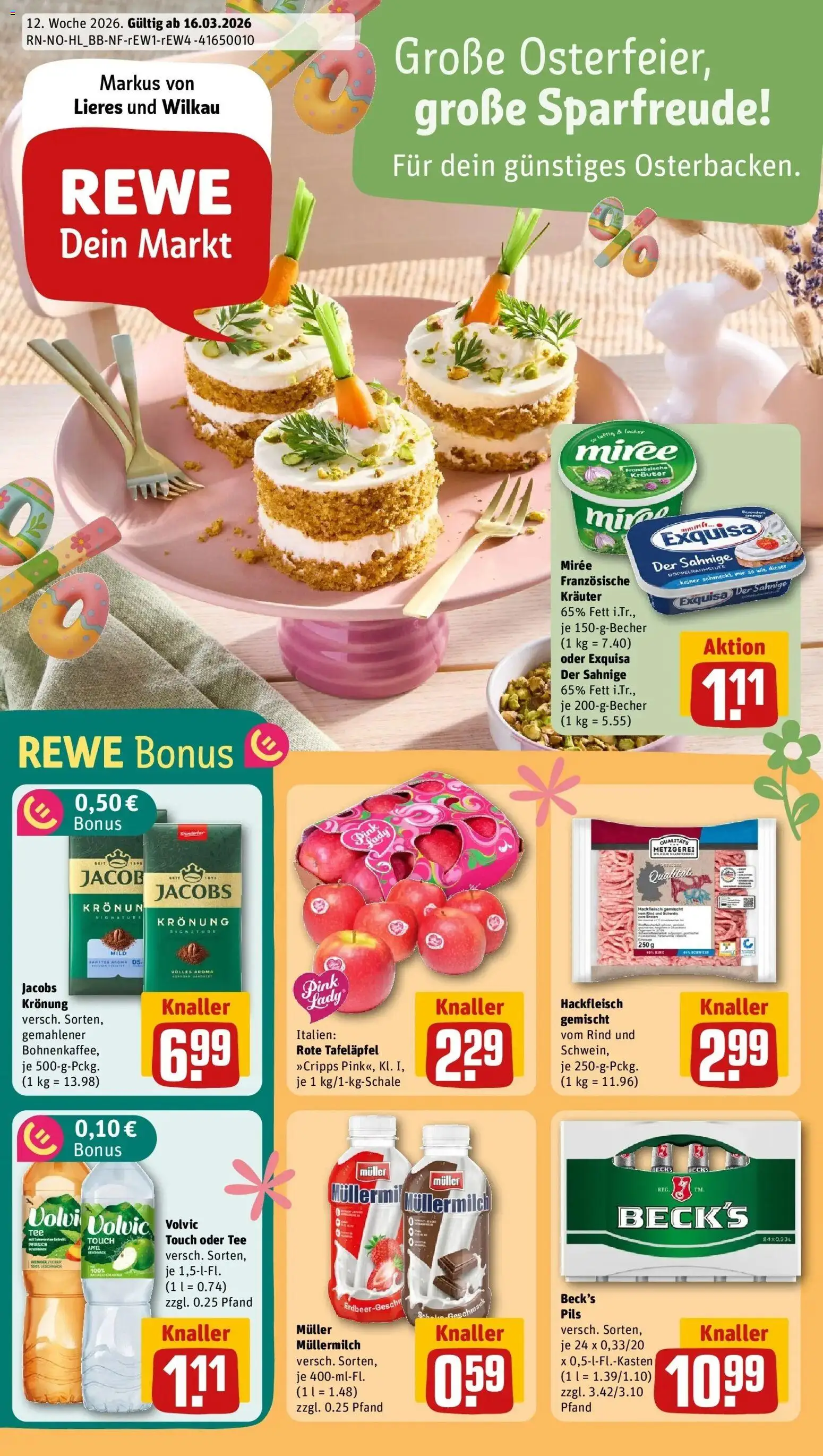 Vorschau von dem Prospekt des Geschäftes Rewe, gültig ab dem 15.03.2026 - Äpfel, Tee, Hackfleisch, Pfirsich, Volvic, Pils, Exquisa, Muller mullermilch