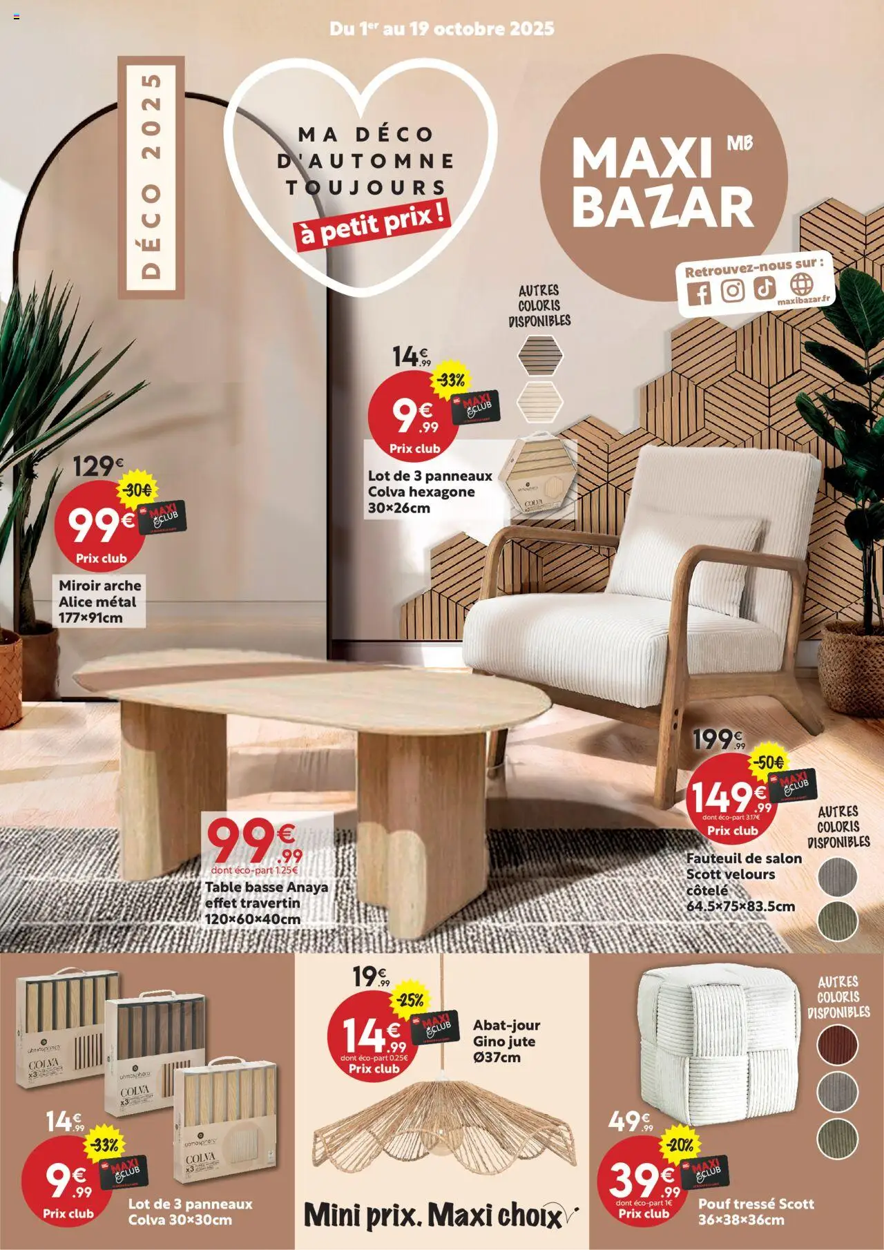 Catalogue de la boutique Maxi Bazar valable du 01/10/2025 - Page numéro 1 - Table basse, Fauteuil, Miroir, Pouf, Table, GP