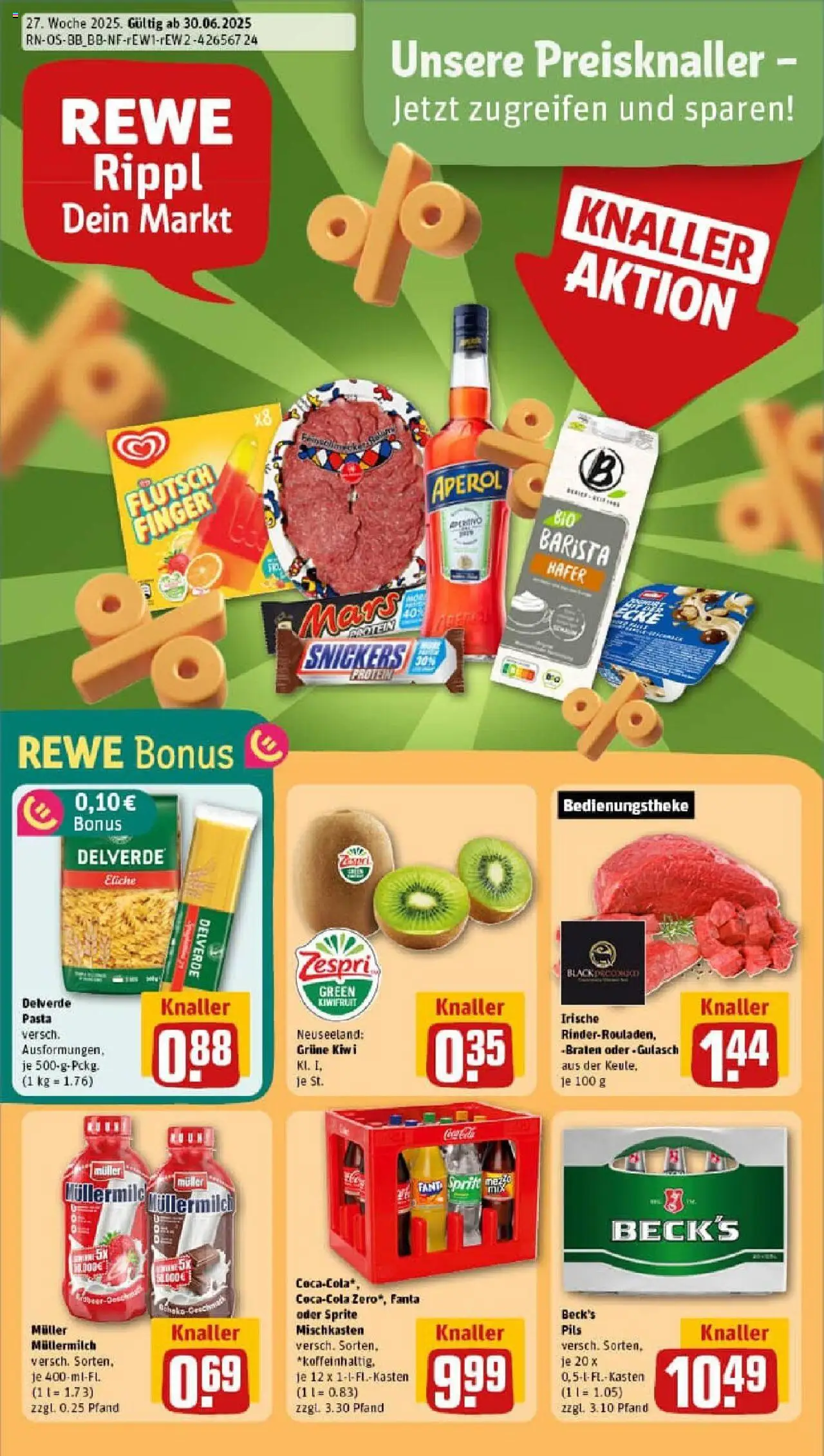 REWE Prospekt ab 29.06.2025 nächste Woche - Prospekt Wittenberge - Eis, Pasta, Gulasch, Mars, Snickers, Fanta, Müllermilch, Muller mullermilch