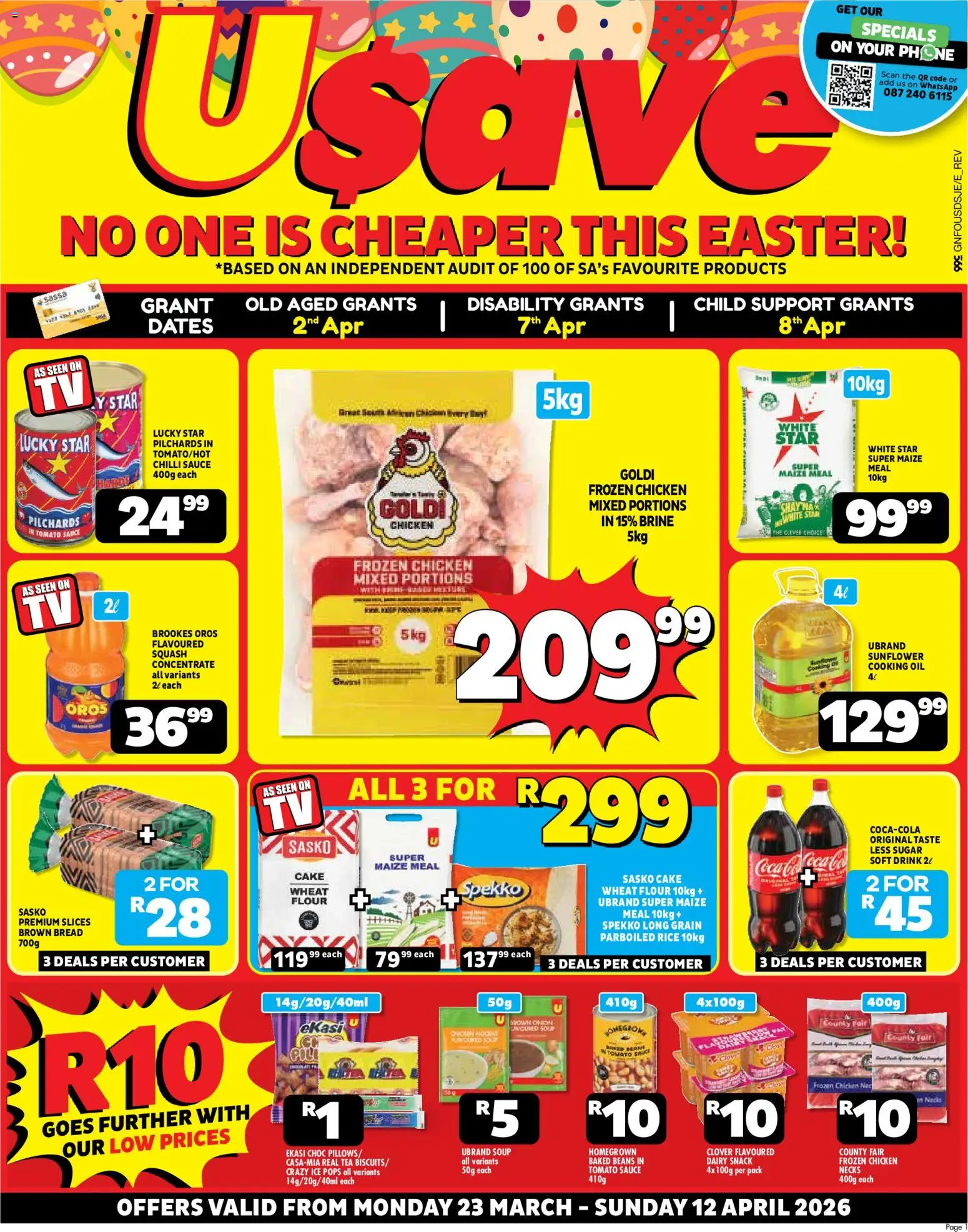 Preview of Usave flyer valid from 23/03/2026 - Phone, Cake, Chicken, Bread, Maize meal, Soup, Squash, Chilli