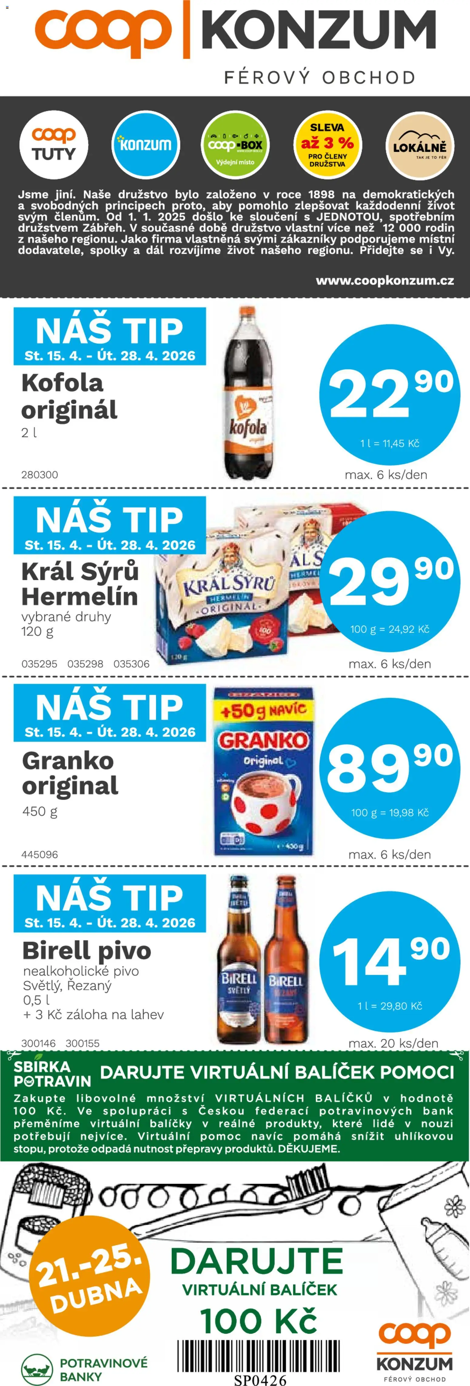 Náhled nabídky: Konzum Konzum leták platný od 15.04.2026 - Pivo, Kofola, Box, Birell, Hermelín, Granko, Láhev, Nealkoholické pivo
