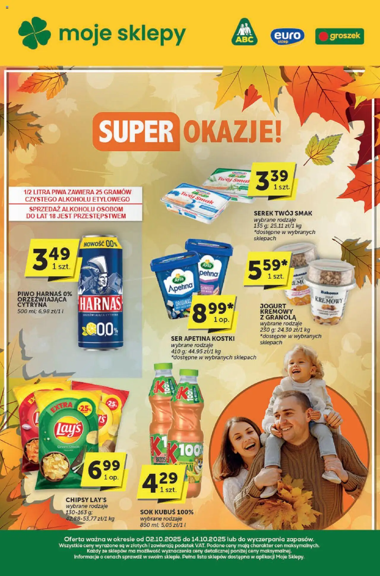 Groszek Katalog od 02.10.2025 - Nowa Gazetka - Numer strony 1 - Piwo, Chipsy, Ser, Granola, Sok, Harnaś, Serek, Piwo Harnaś