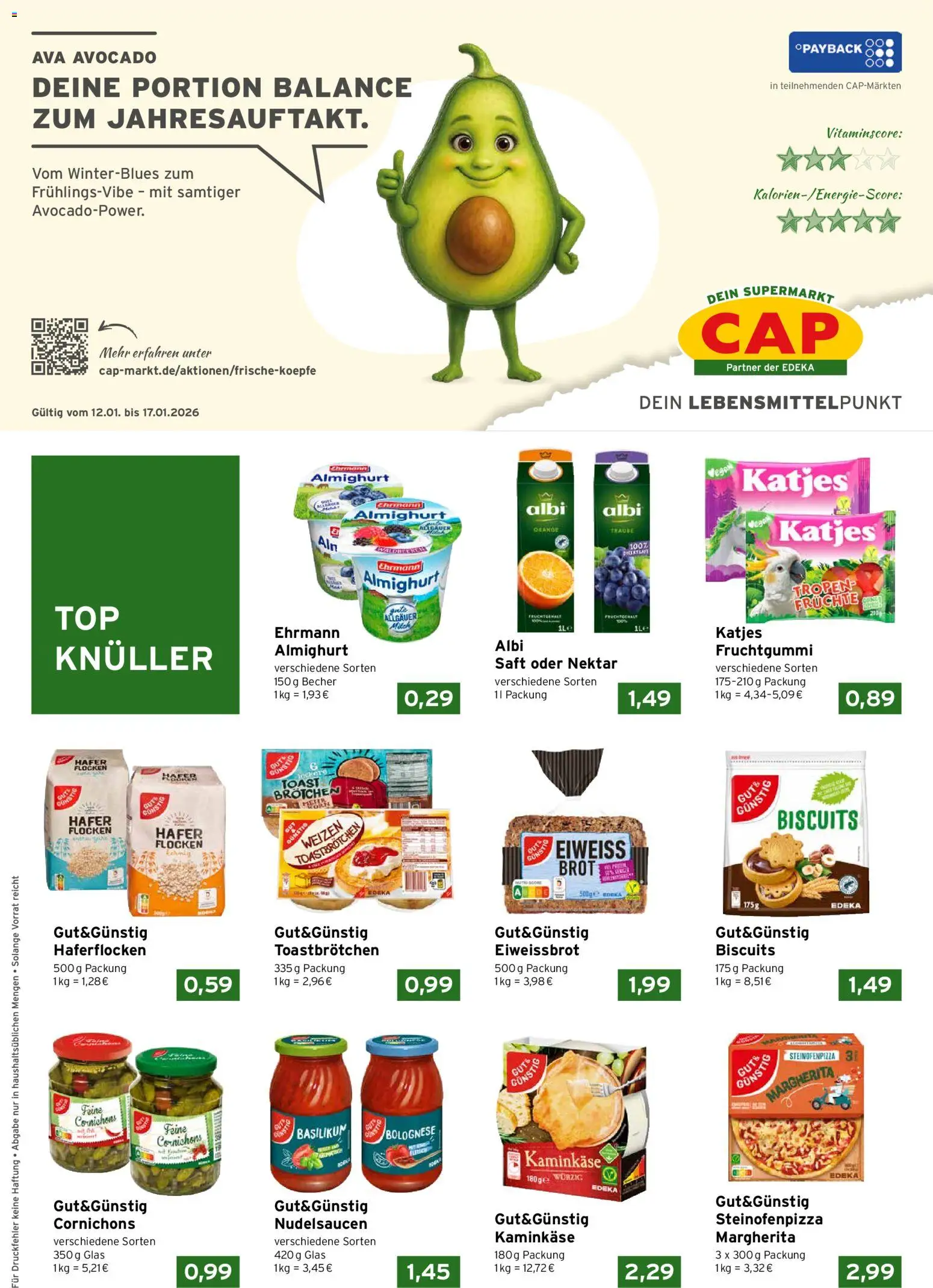 Vorschau von dem Prospekt des Geschäftes CAP Markt, gültig ab dem 12.01.2026 - Avocado, Brot, Katjes, Toast, Saft, Flocken, Ehrmann almighurt