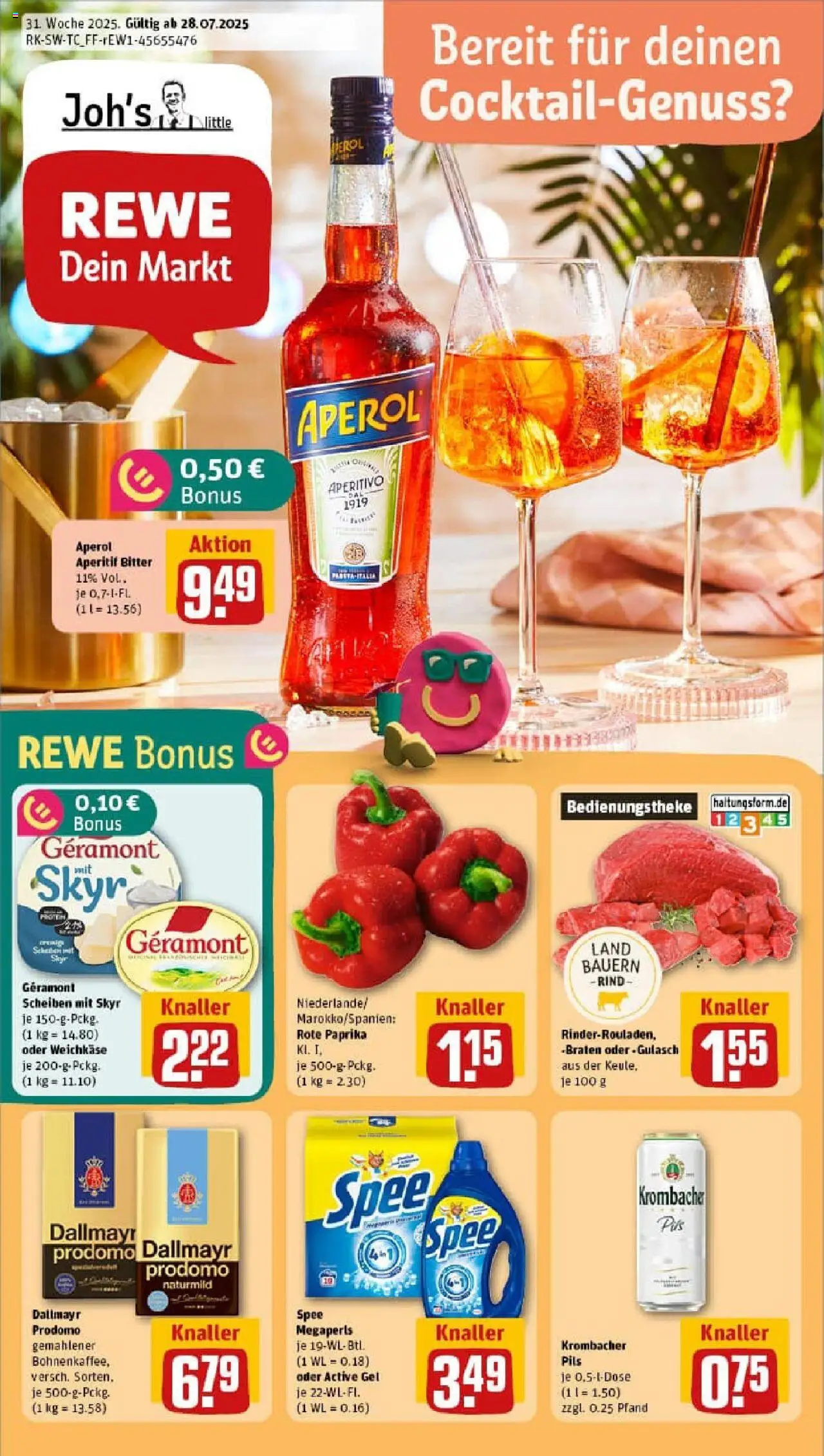 REWE Prospekt ab 27.07.2025 nächste Woche - Prospekt Mannheim / Rheinau - Gulasch, Spee, Skyr, Krombacher, Paprika, Dallmayr prodomo, Geramont, Pils
