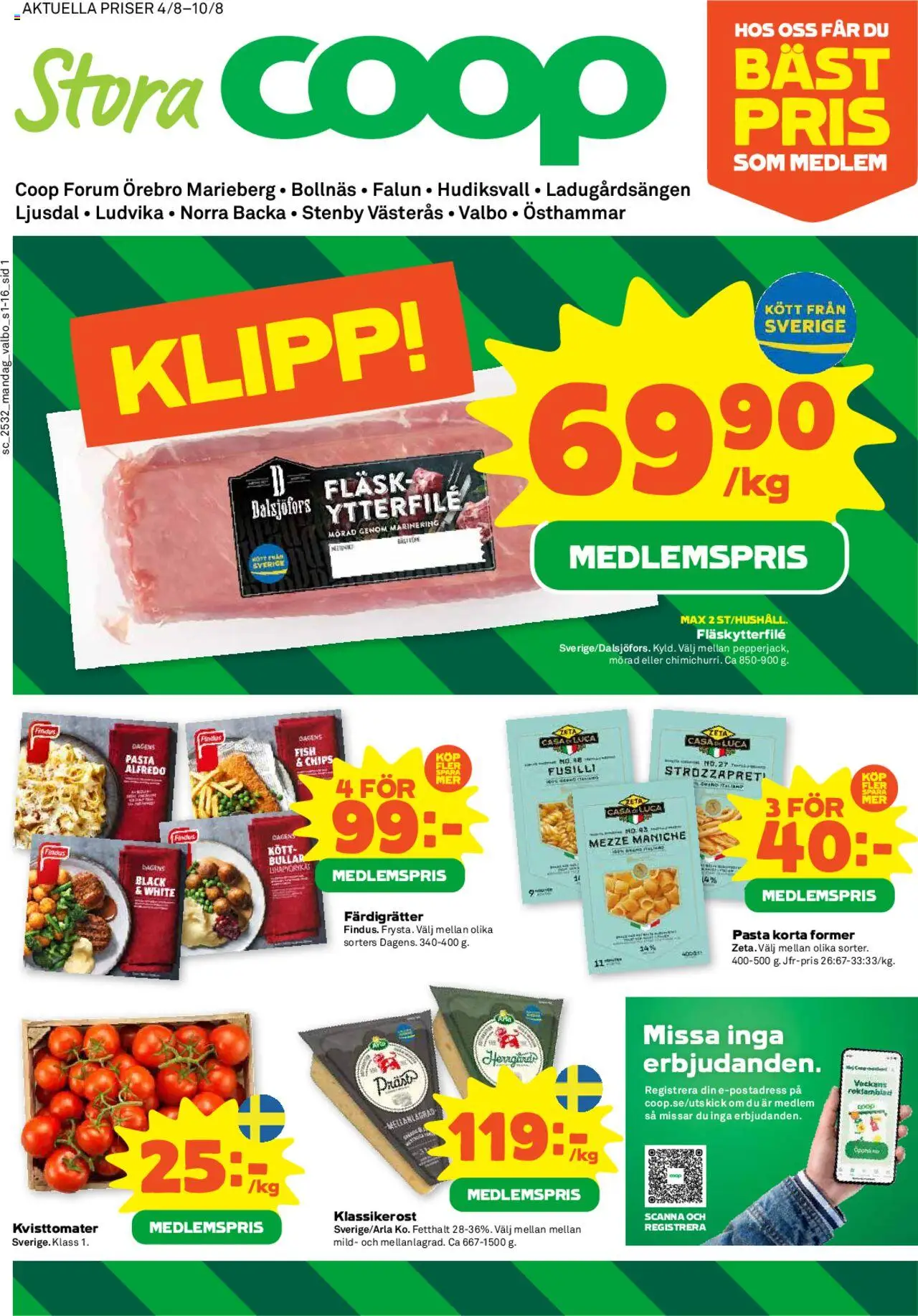Marieberg är giltig 04/08 2025 > Veckans Erbjudanden gäller från 04/08/2025 till 10/08/2025 sidnummer 1 - Pasta, Chips, Kött, Fläsk, Färdigrätter, Fläskytterfilé