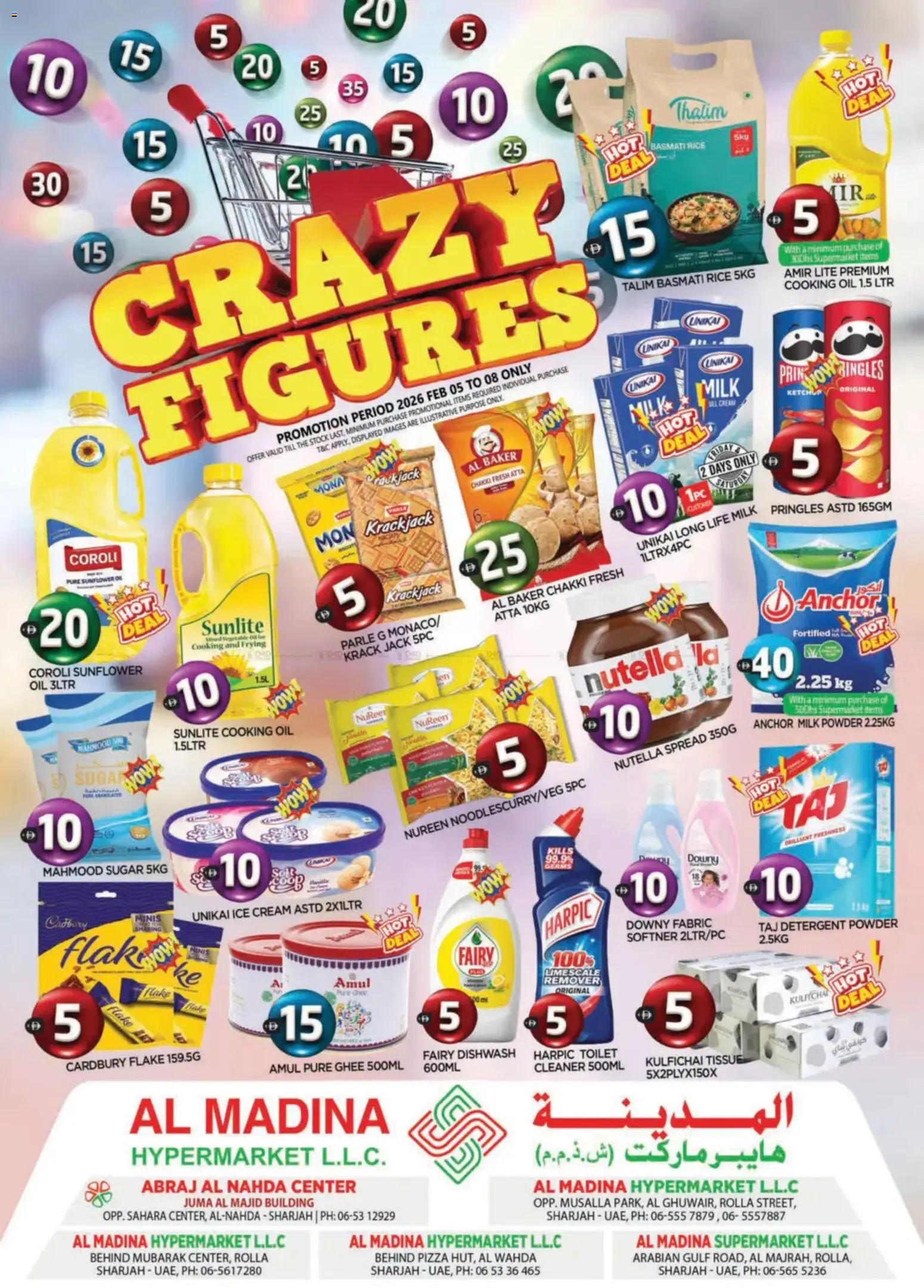 Preview of the catalogue Crazy Figures Deals - Rolla, Sharjah Branch of store Al Madina valid from 5 Feb, 2026 - Pizza, Ice Cream, Milk, Stock, Rice, Cream, Detergent, Softner