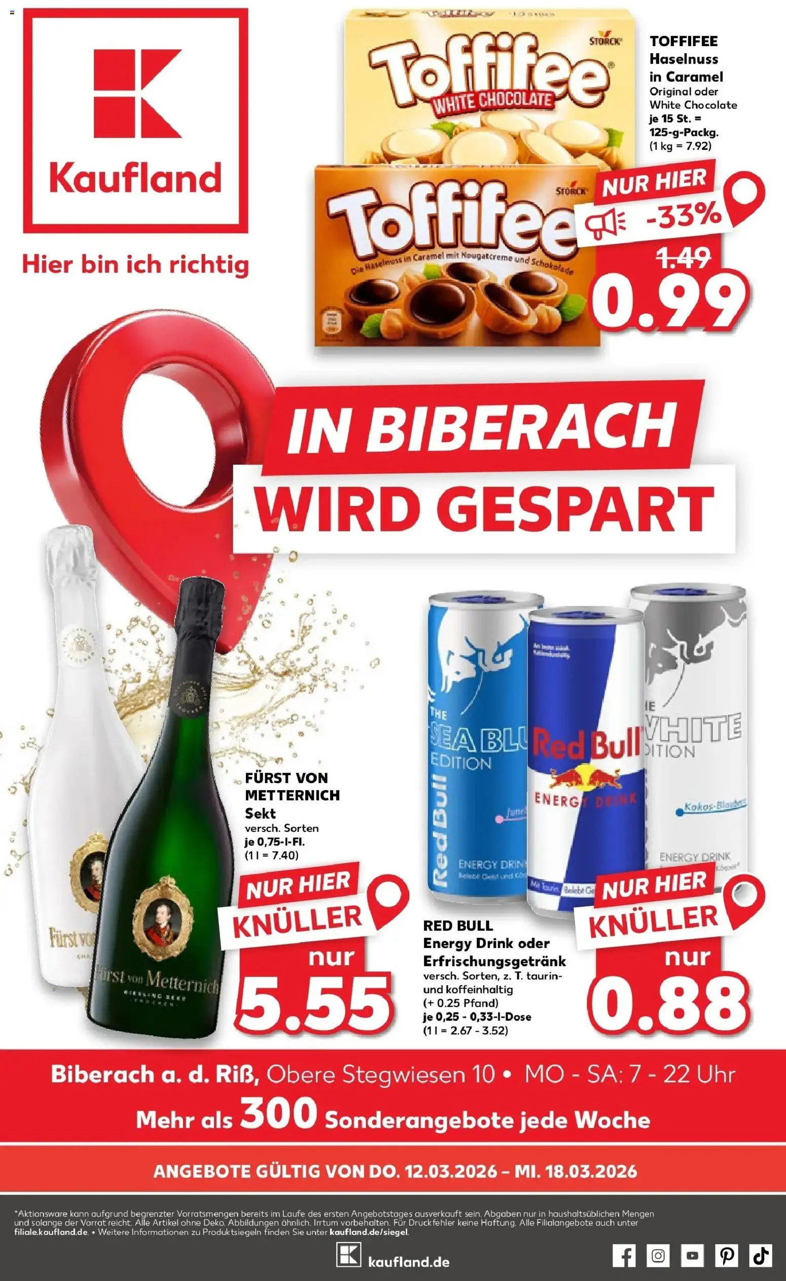 Vorschau von dem Prospekt des Geschäftes Kaufland, gültig ab dem 12.03.2026 - Uhr, Red bull, Schokolade, Toffifee, Energy, Sekt, Furst von metternich