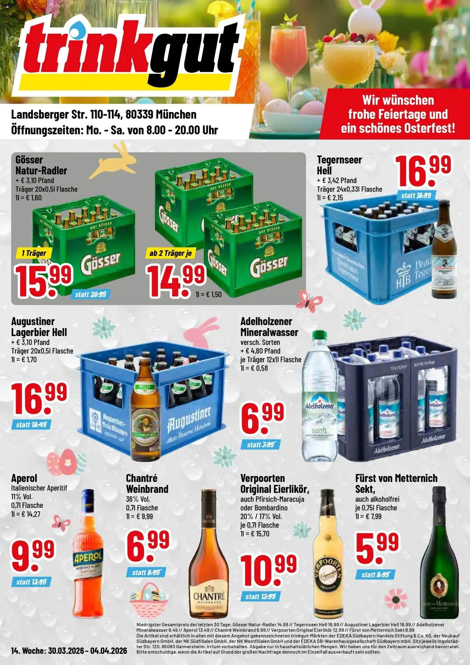 Vorschau von dem Prospekt des Geschäftes Trinkgut, gültig ab dem 30.03.2026 - Uhr, Aperol, Mineralwasser, Sekt, Adelholzener, Chantré, Furst von metternich